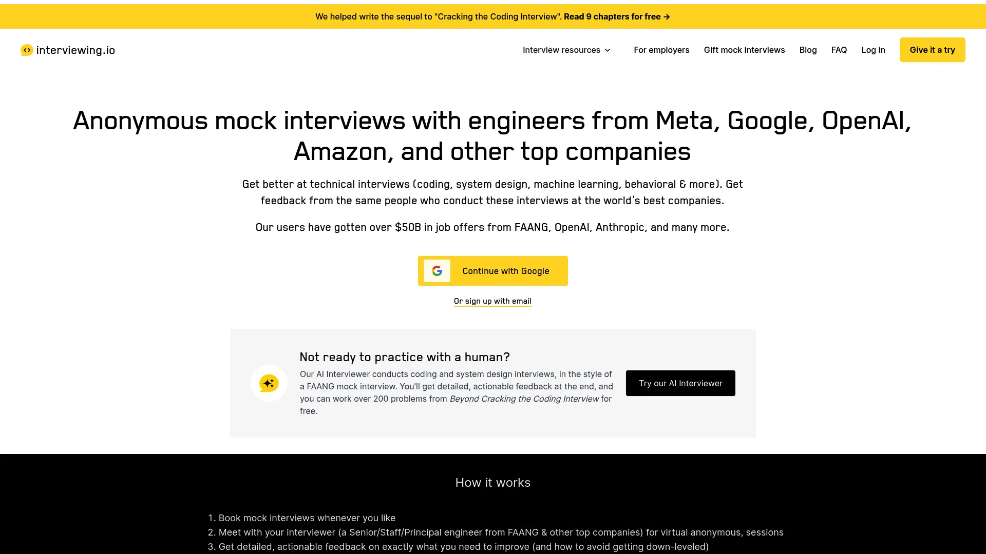 interviewing.io homepage showing anonymous mock interview platform