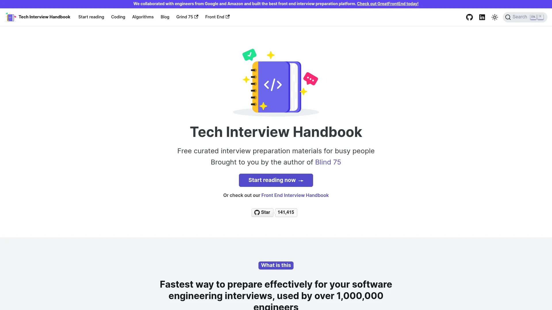 Tech Interview Handbook homepage showing free interview preparation resources