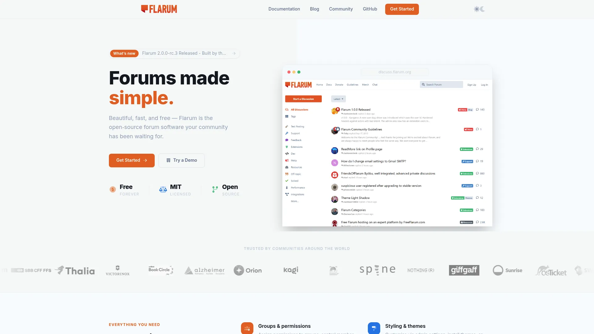 Flarum lightweight open source forum software homepage