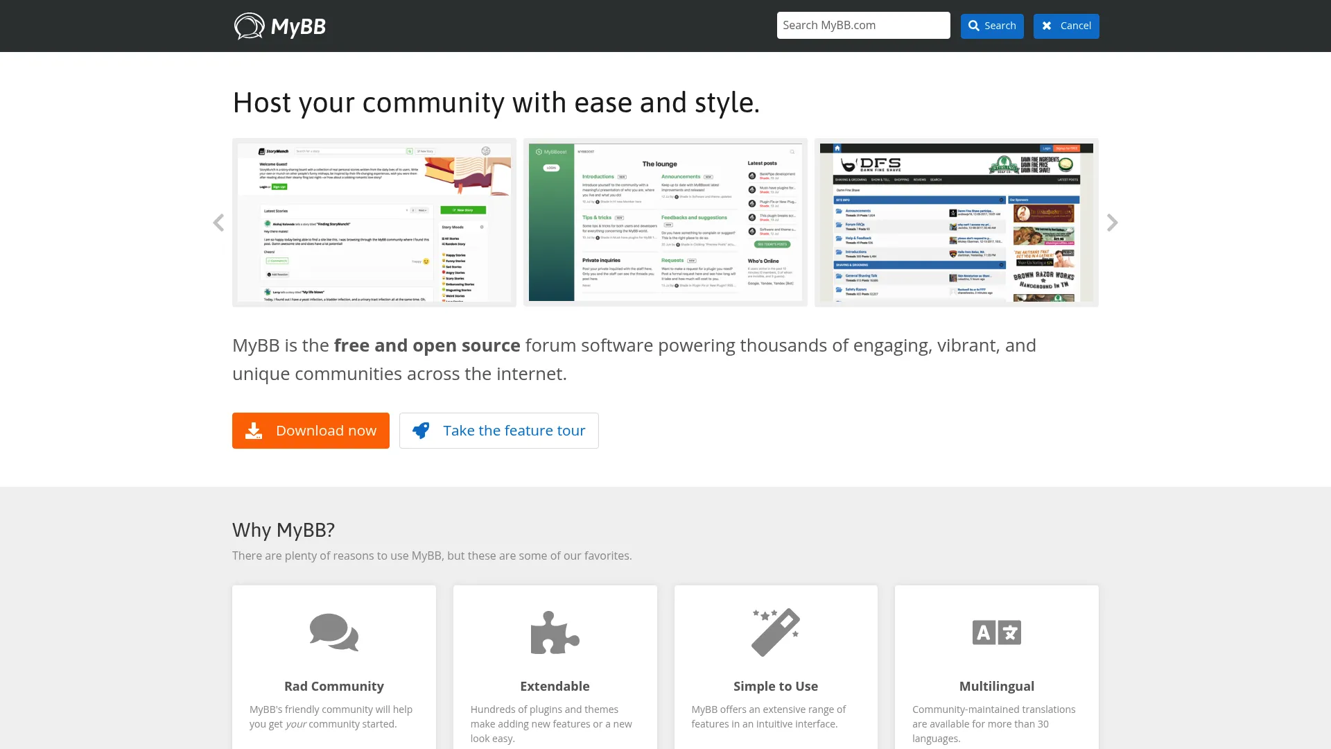 MyBB free and open source forum software homepage