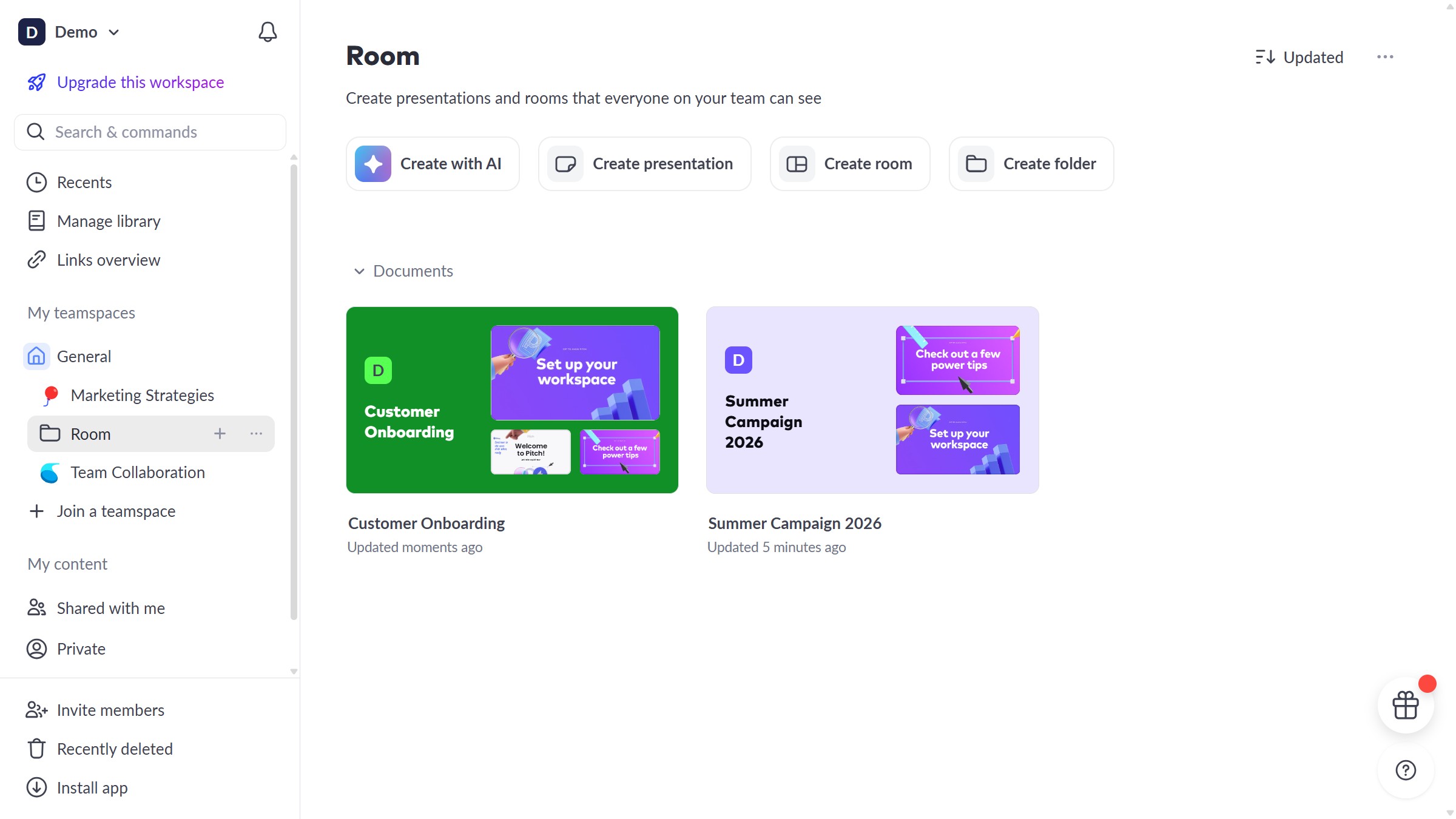 How to copy a room link in Pitch