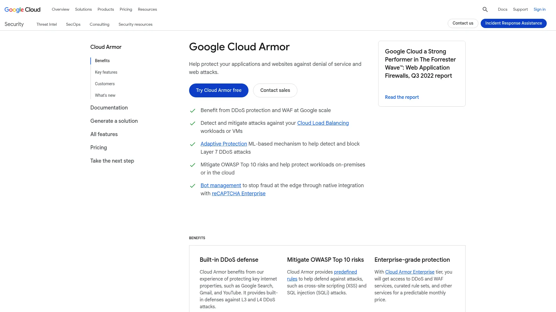 Google Cloud Armor managed WAF and DDoS protection homepage