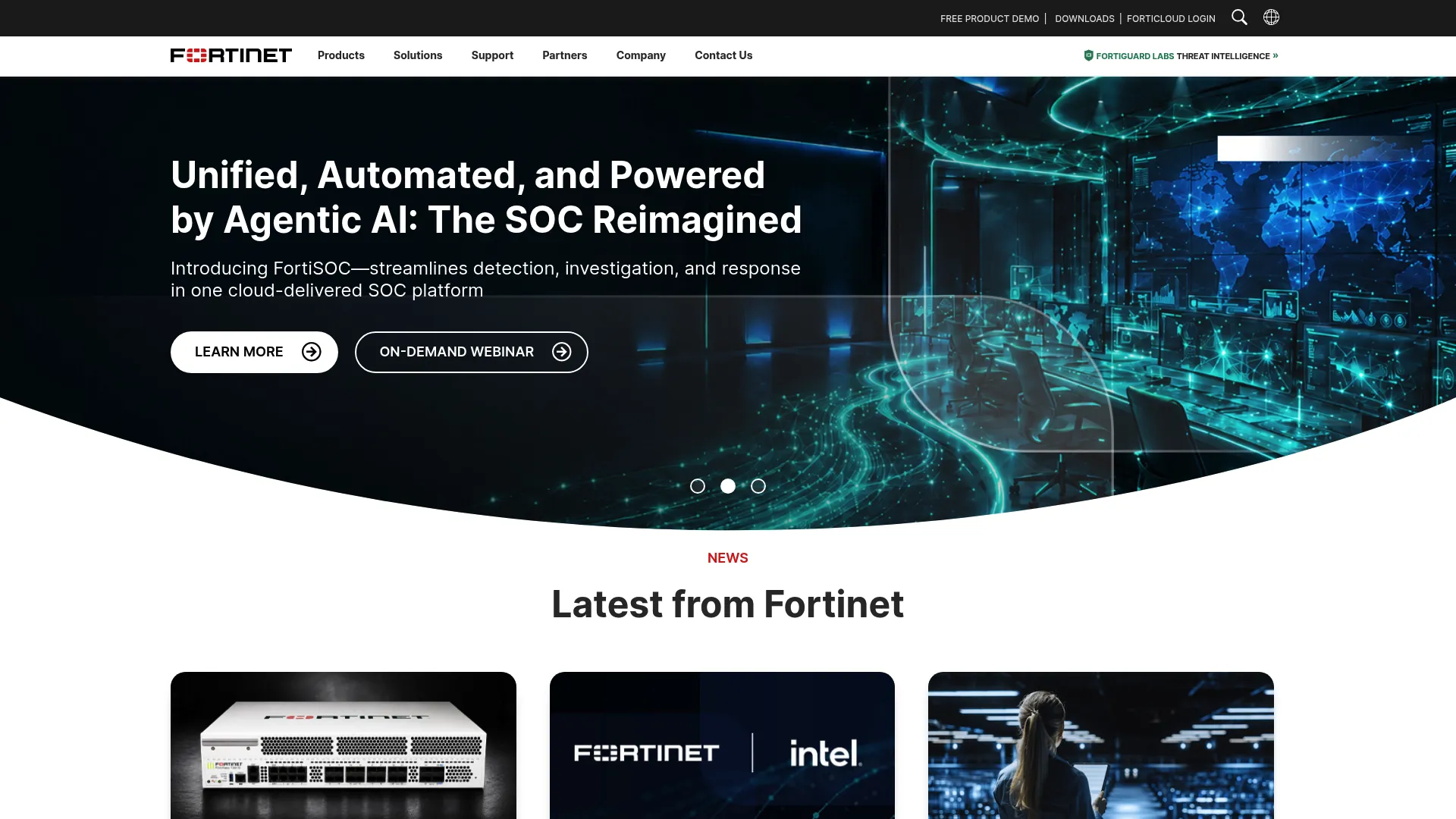 Fortinet cybersecurity and networking security fabric homepage