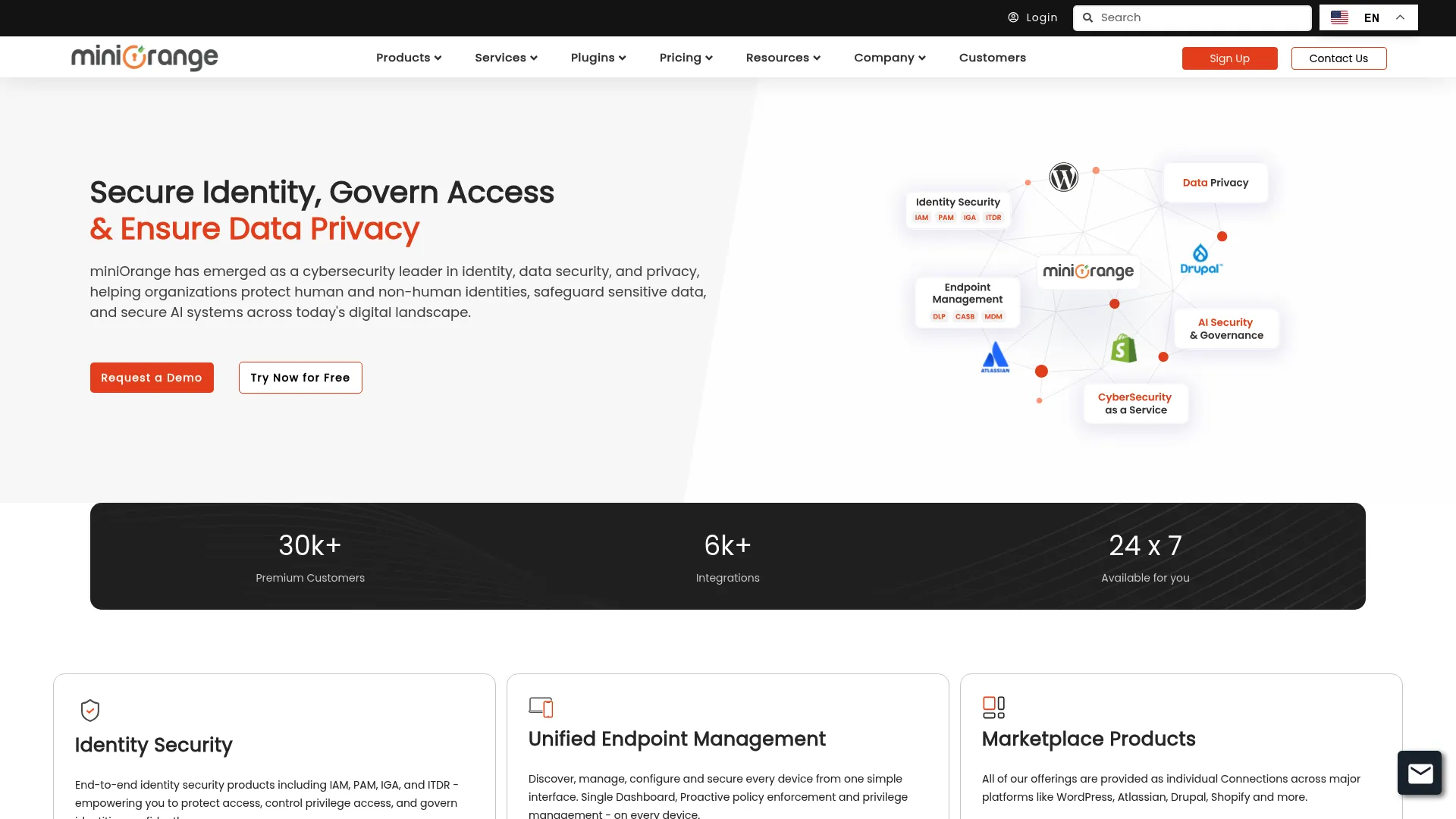 miniOrange identity and security platform homepage