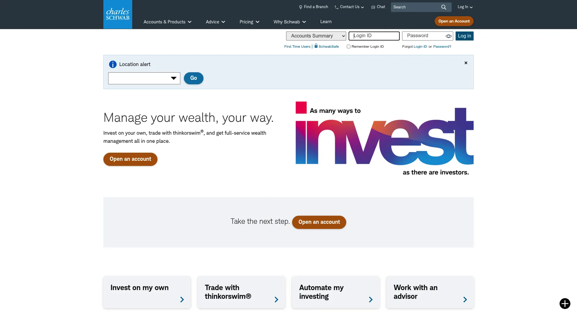 Charles Schwab financial services homepage