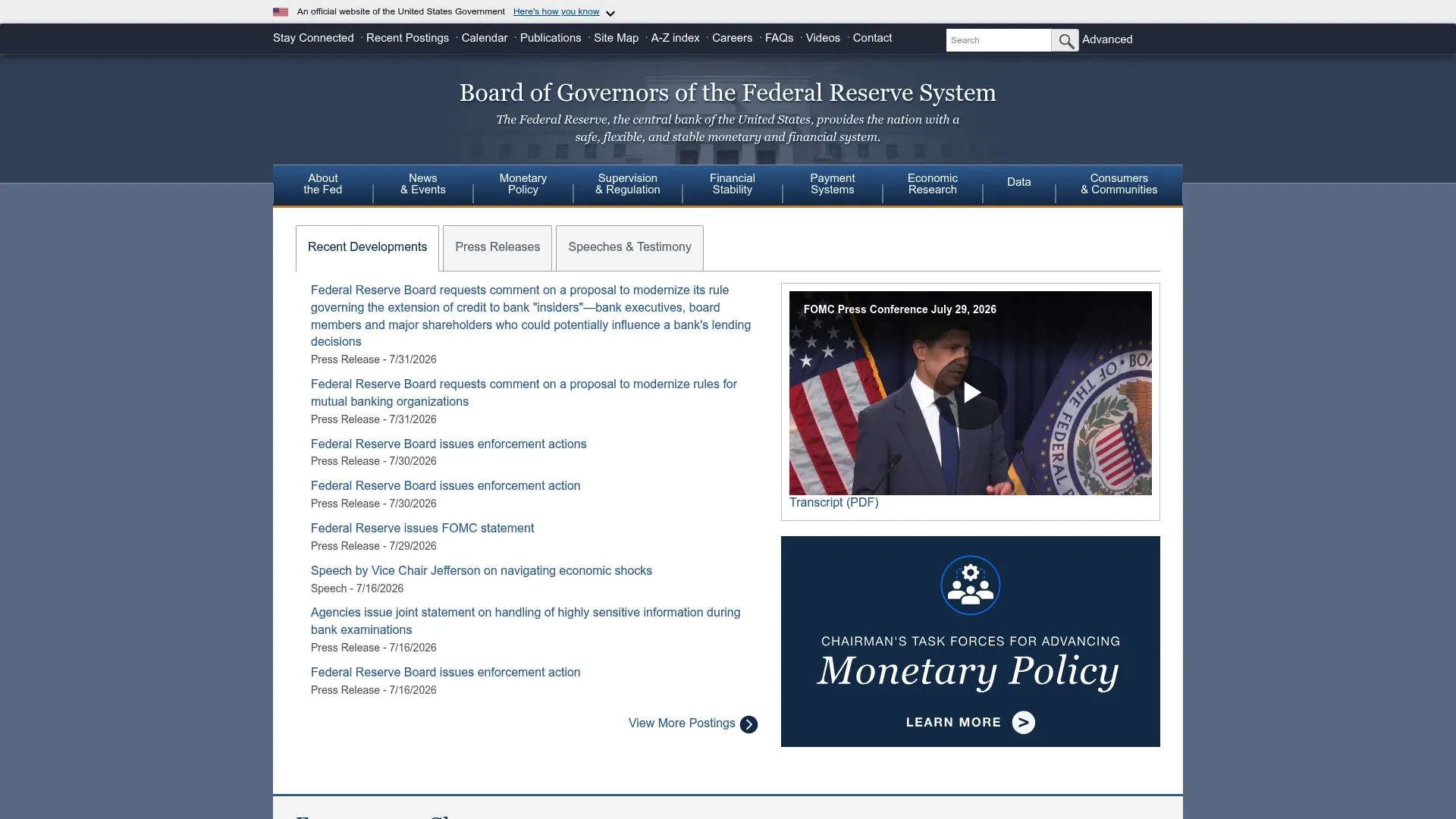 Federal Reserve website homepage