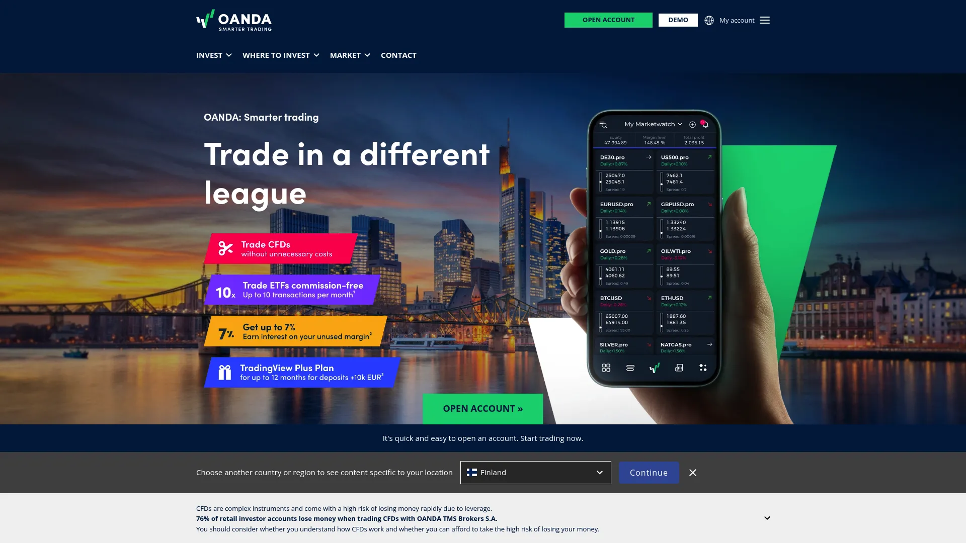OANDA trading platform interface showing currency and crypto pricing