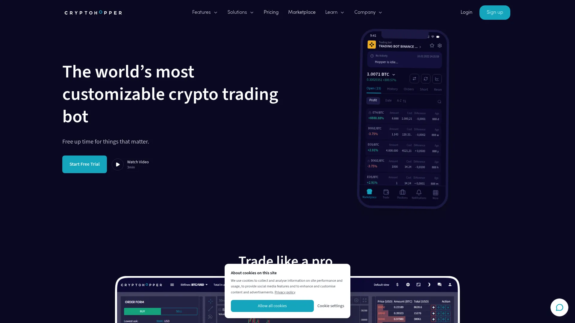 Cryptohopper automated trading dashboard with bot configuration and strategy tools
