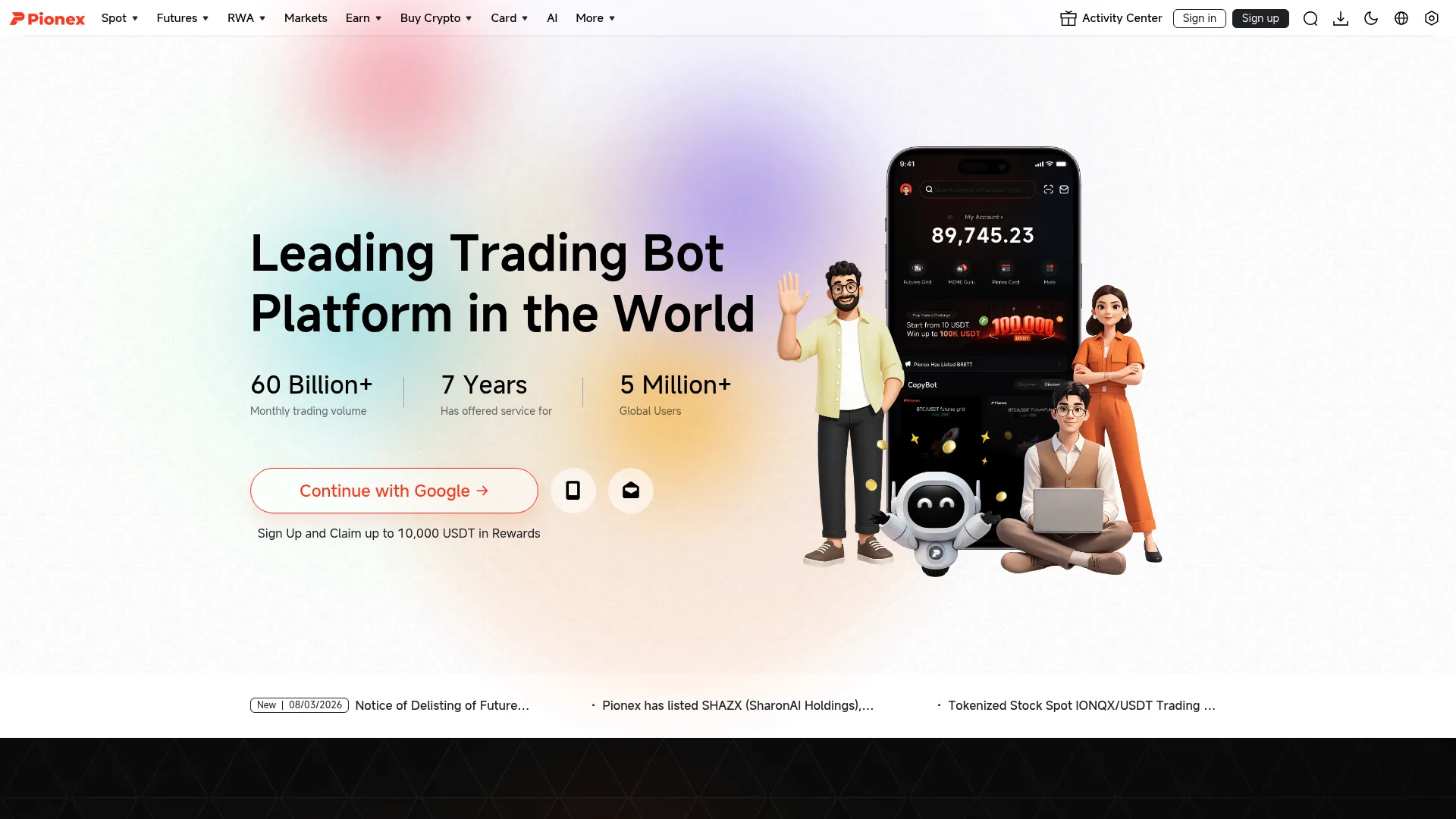 Pionex exchange interface showing built-in trading bots and grid strategy setup