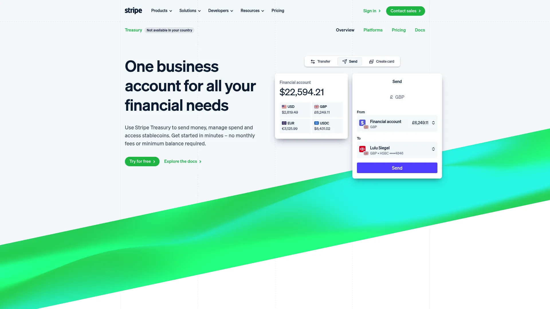 Stripe Treasury product page