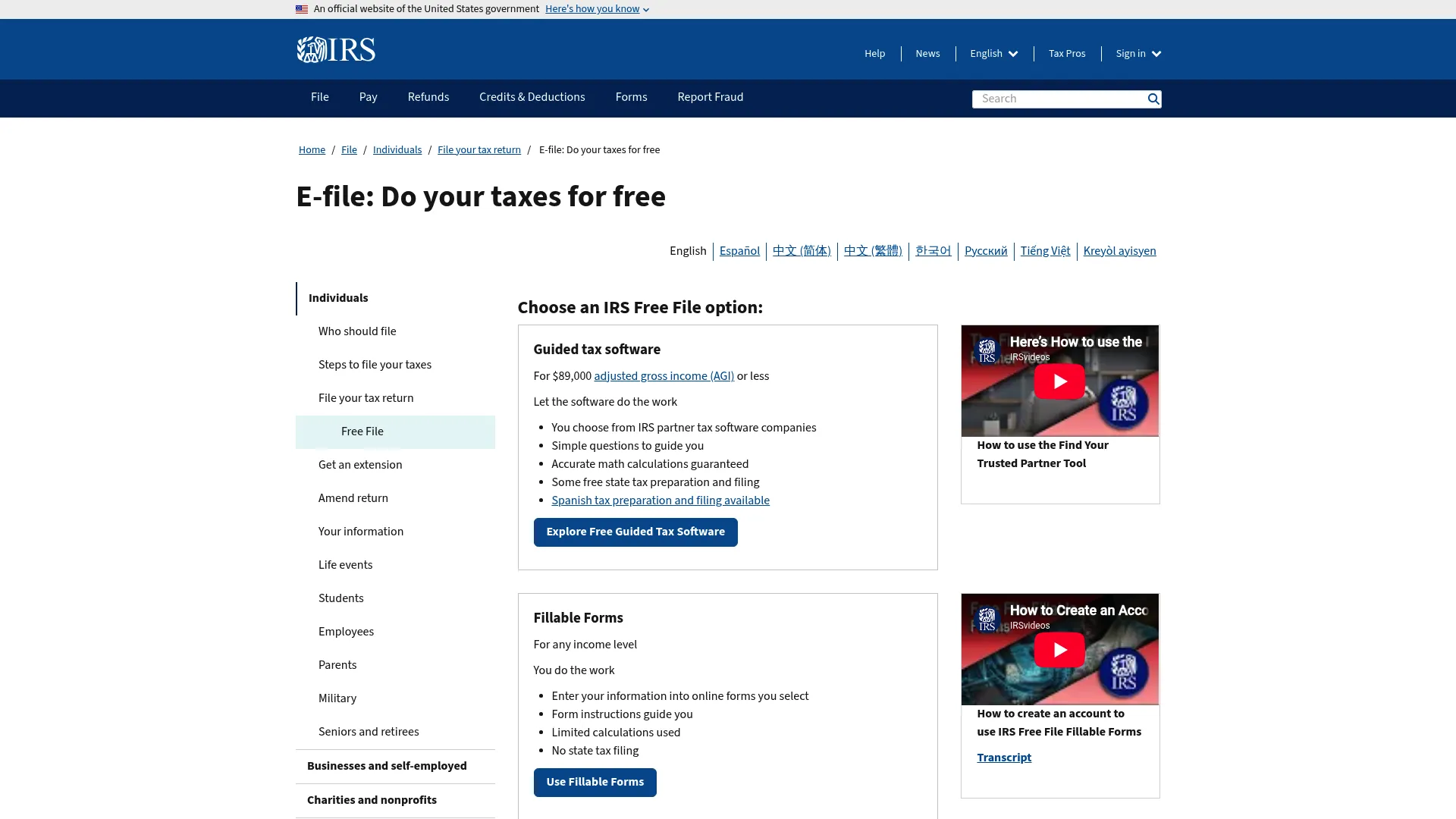 IRS Free File homepage