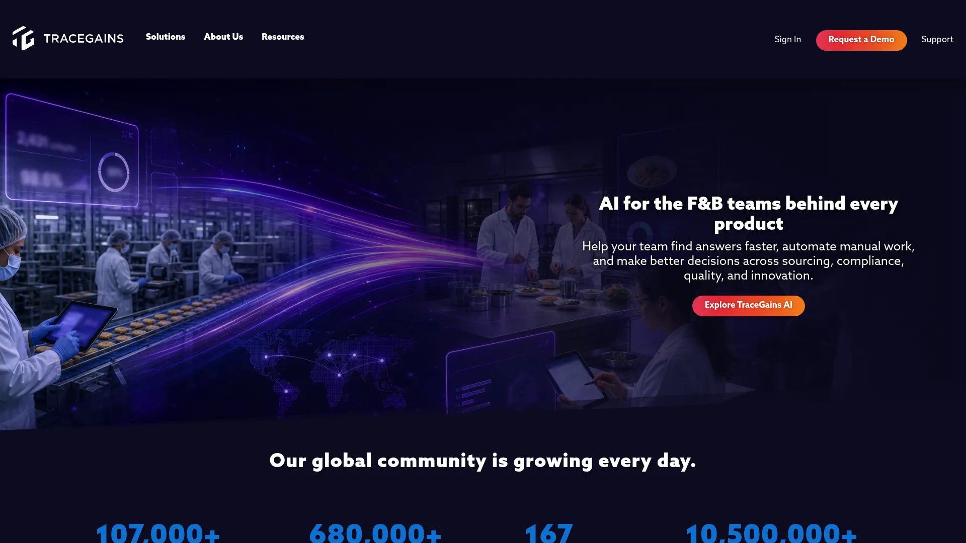 TraceGains food and beverage compliance and supplier platform homepage