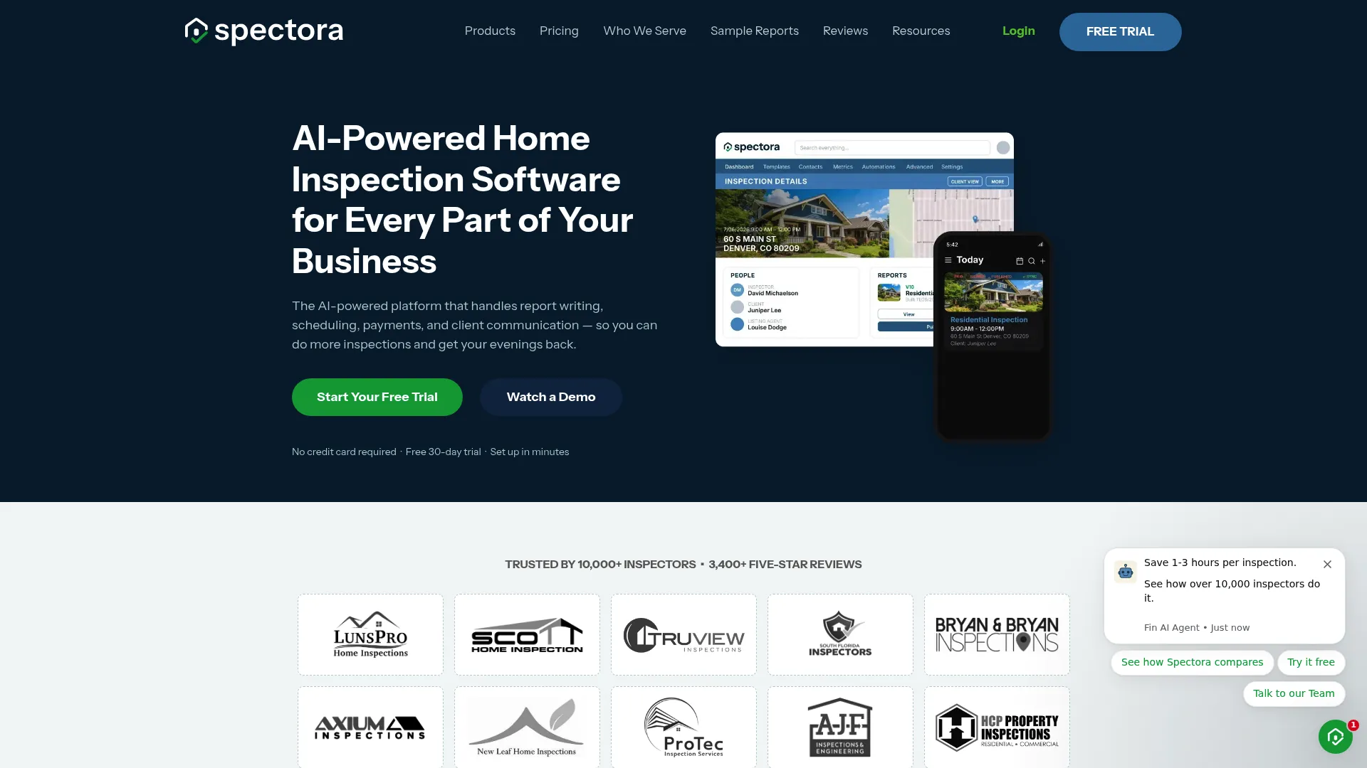 Spectora home inspection software homepage