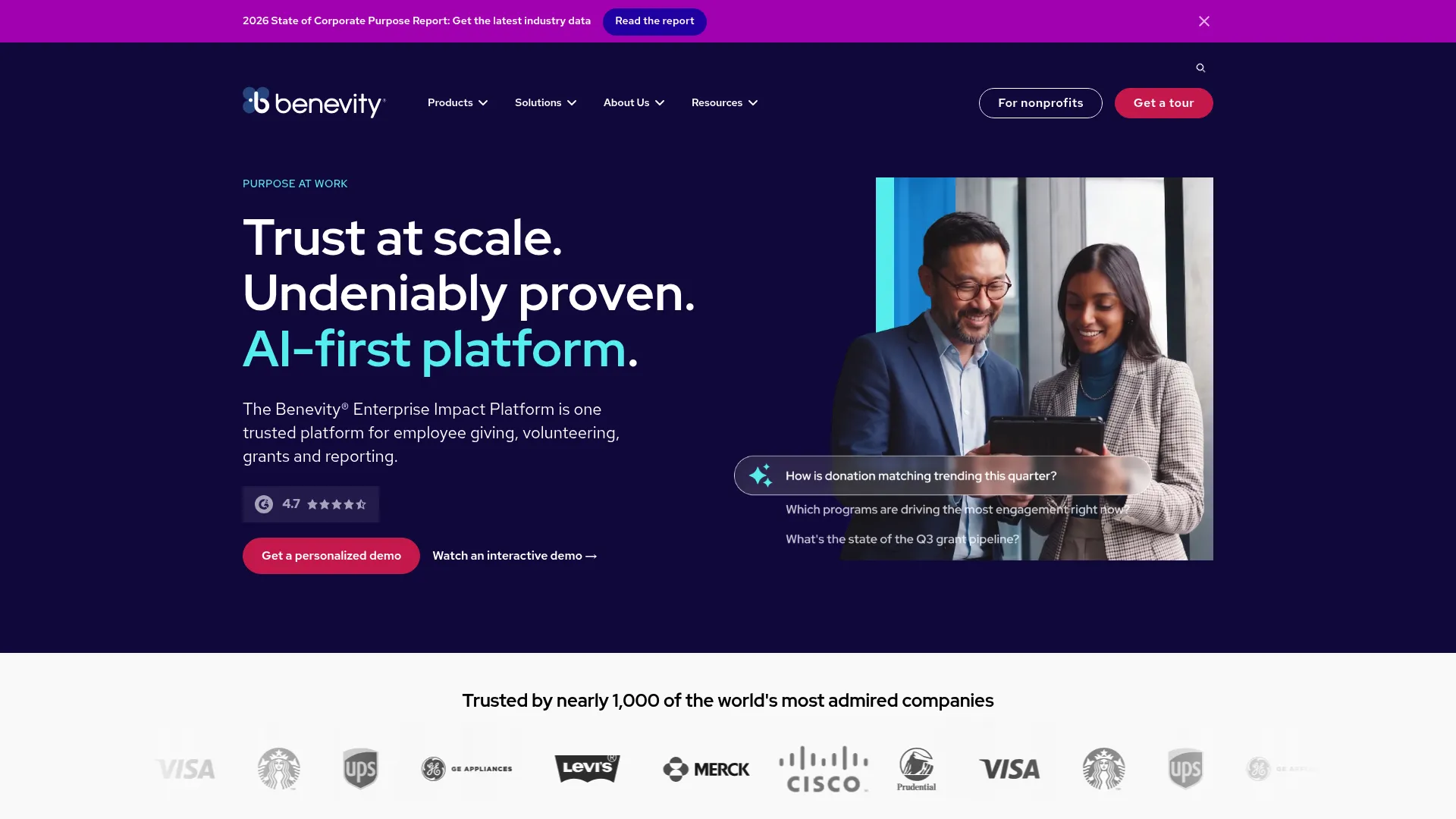 Benevity corporate giving platform homepage