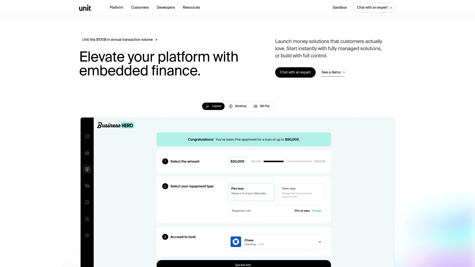 Unit embedded finance platform homepage