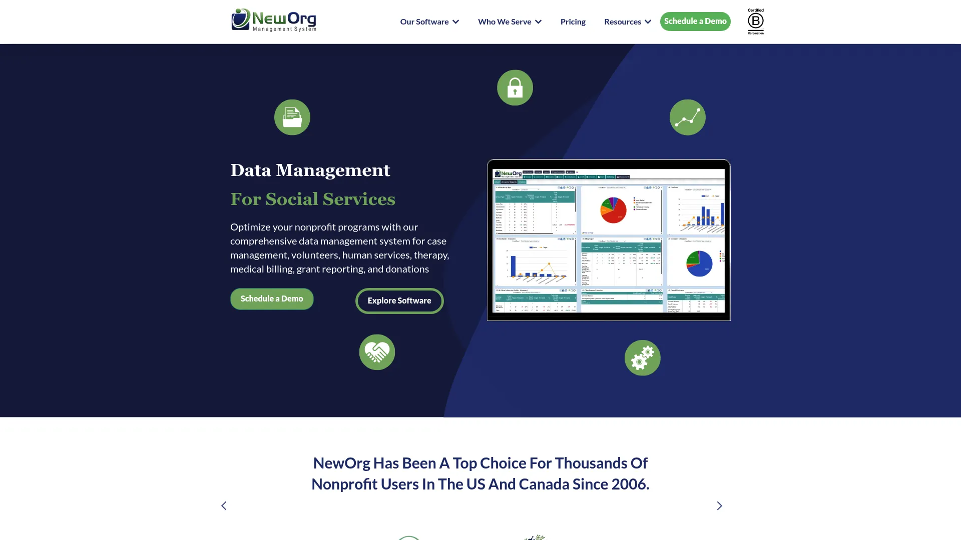 NewOrg nonprofit case management software homepage