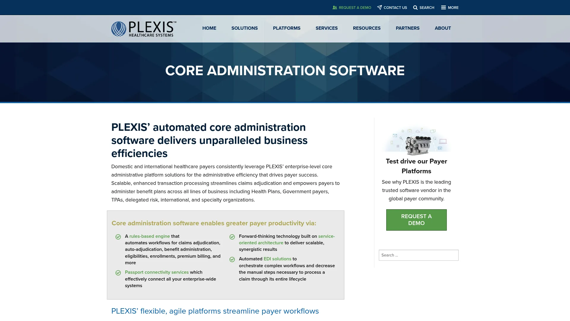 PLEXIS core administration software page