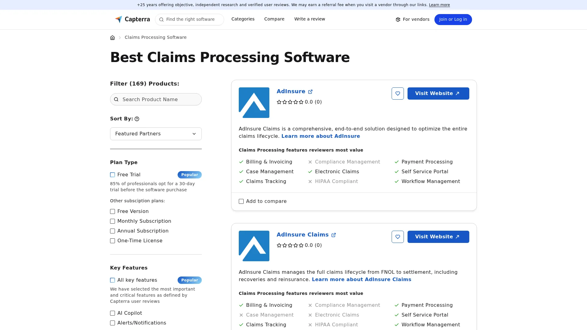 Capterra claims processing software directory page