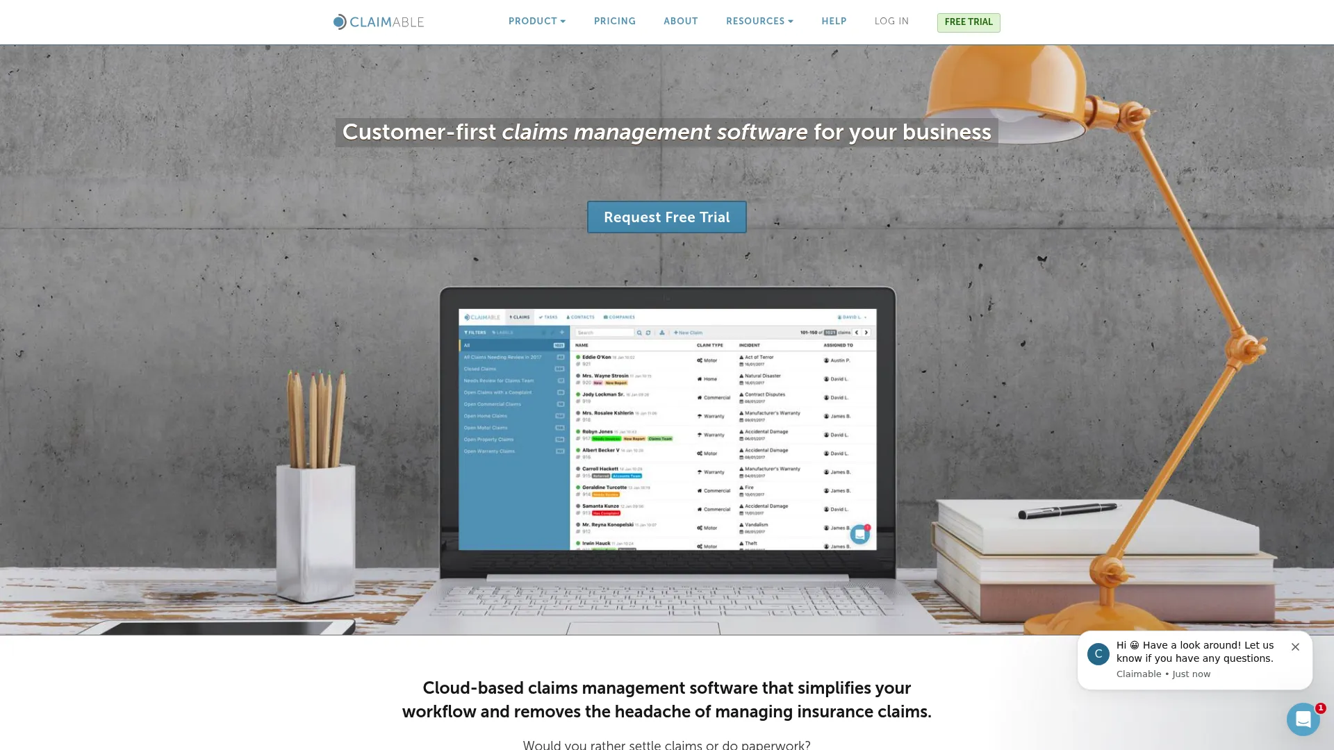 Claimable cloud claims management software homepage