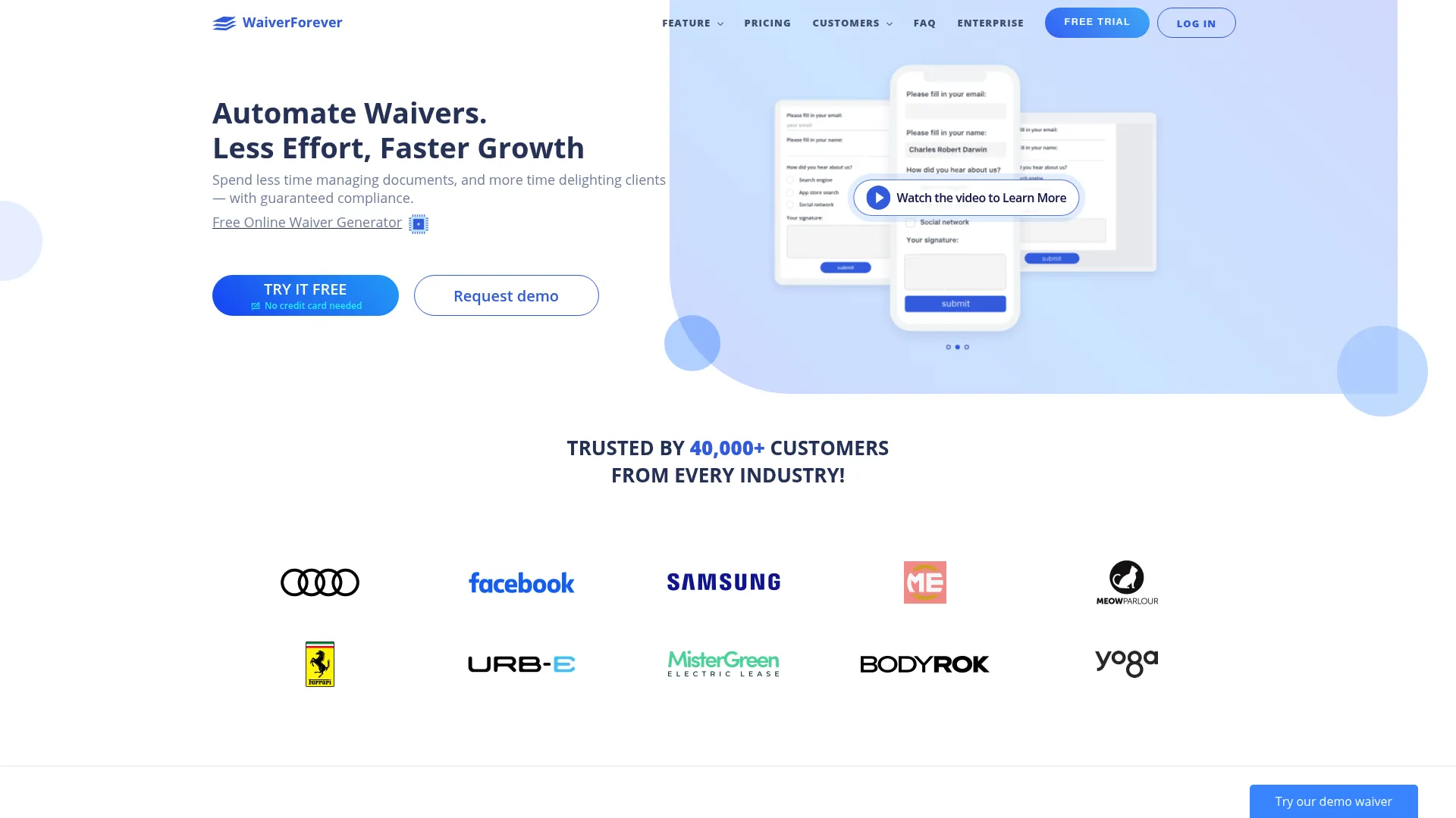 WaiverForever digital waiver platform homepage