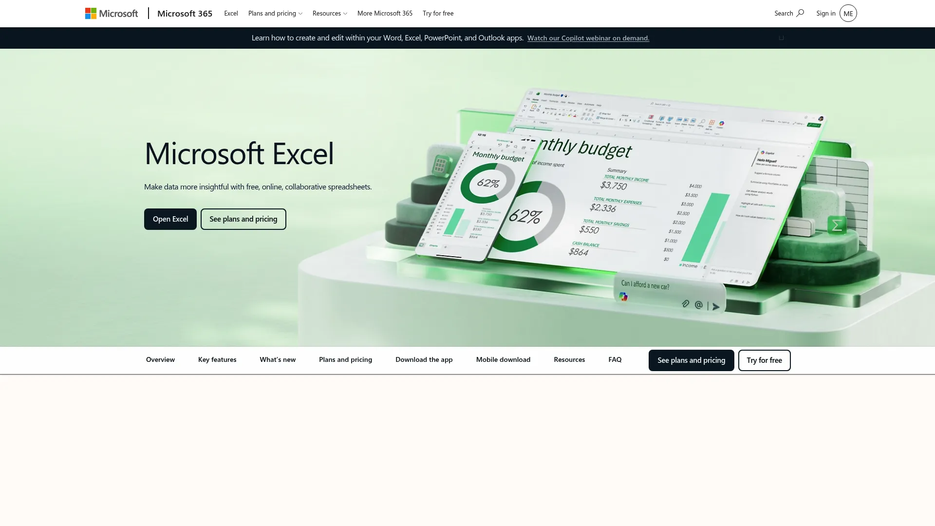 Microsoft Excel spreadsheet application with Copilot homepage