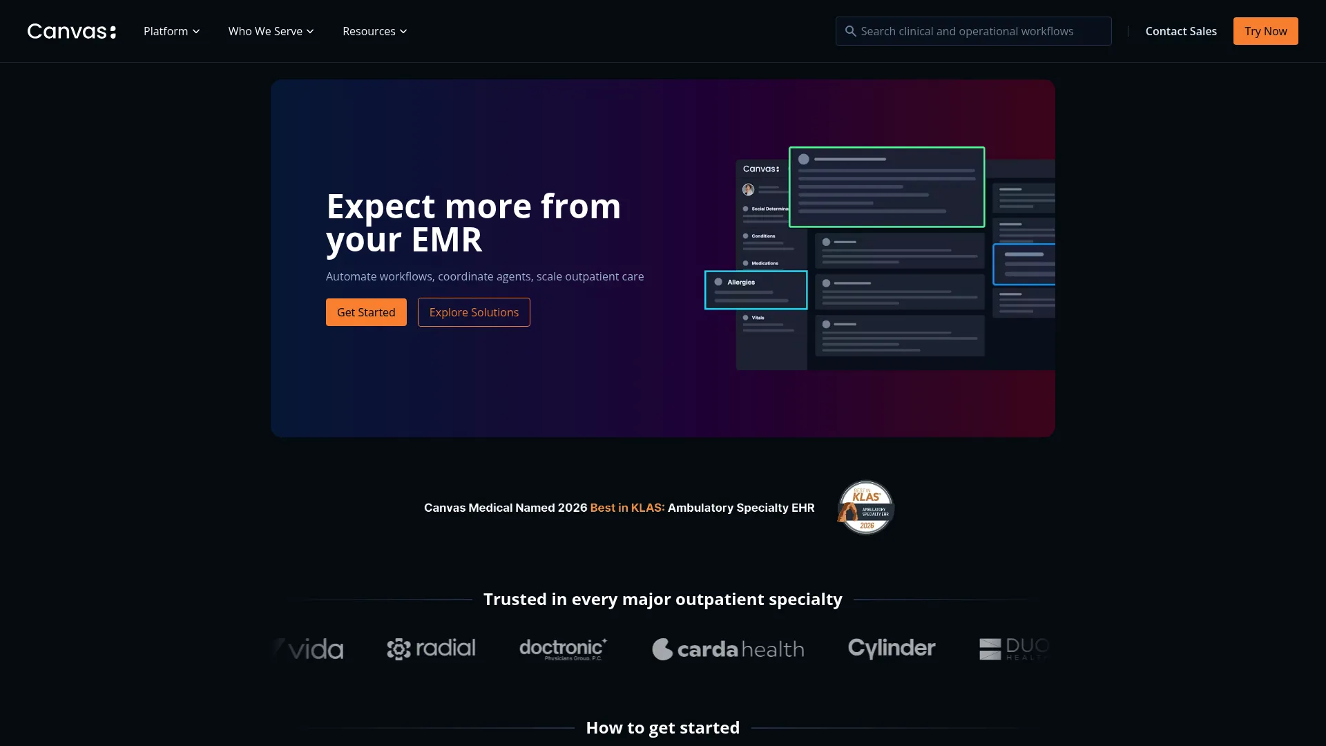 Canvas Medical EMR platform homepage