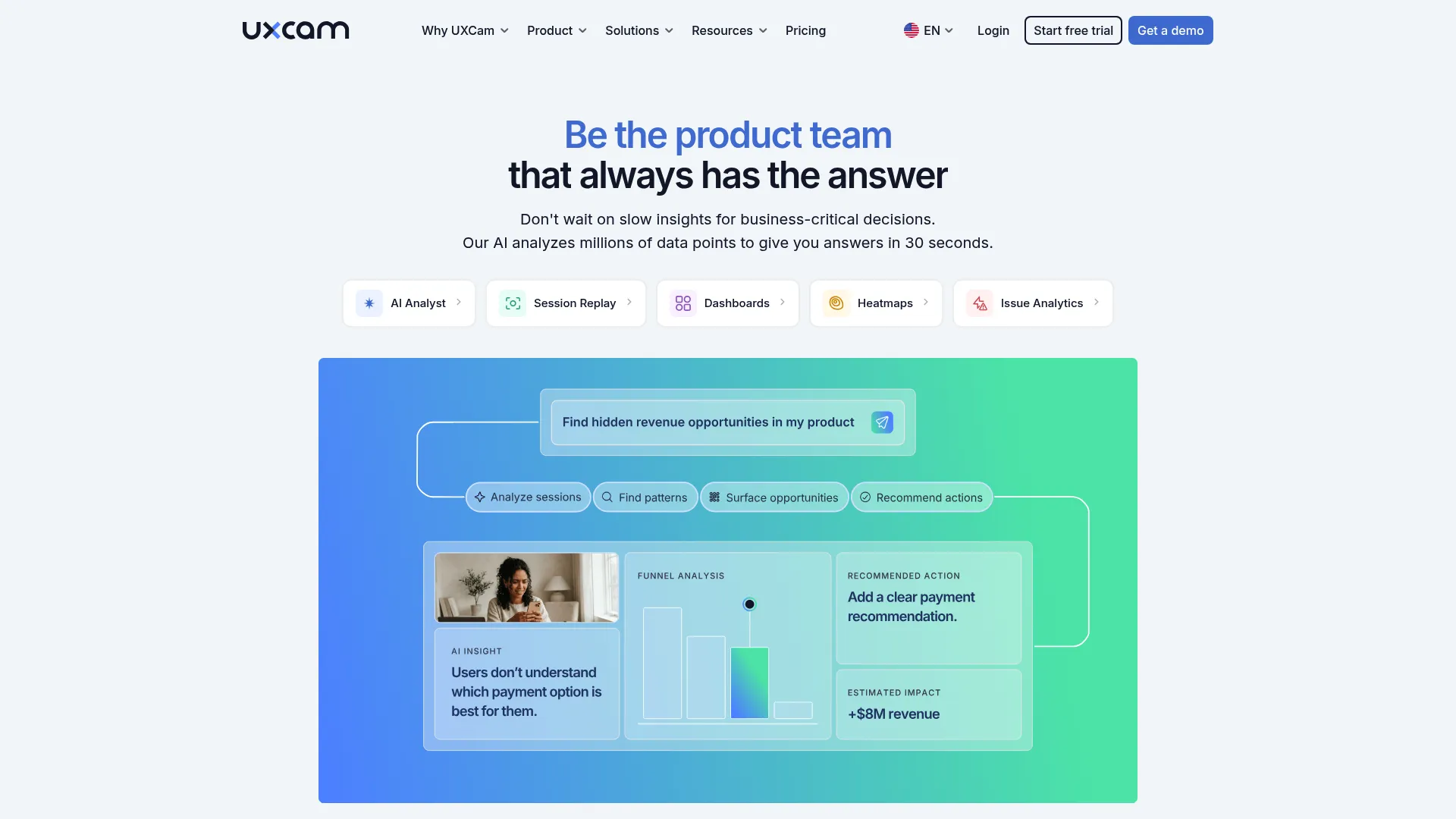 UXCam mobile app analytics and session replay dashboard