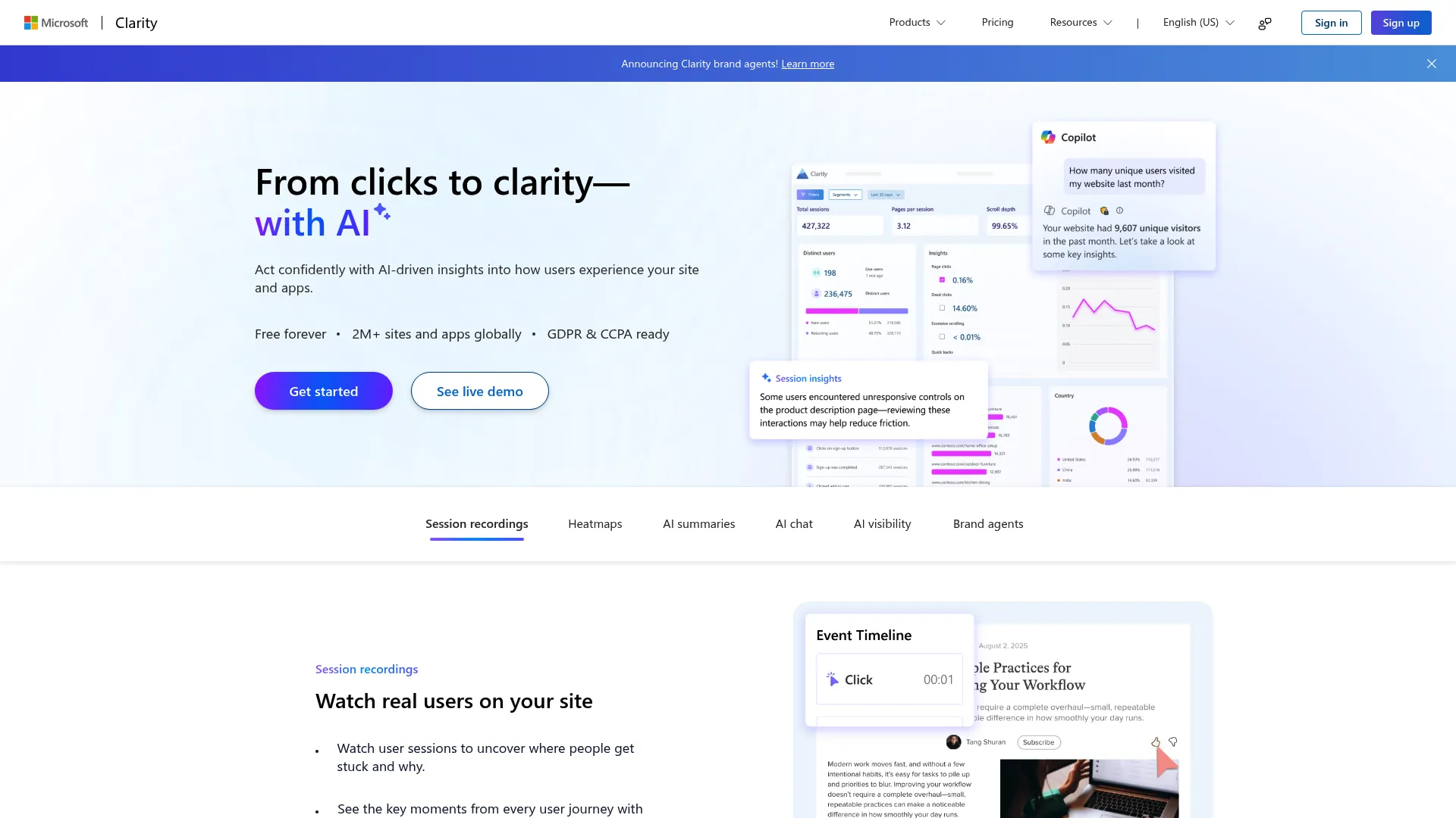 Microsoft Clarity free session recording and heatmap dashboard