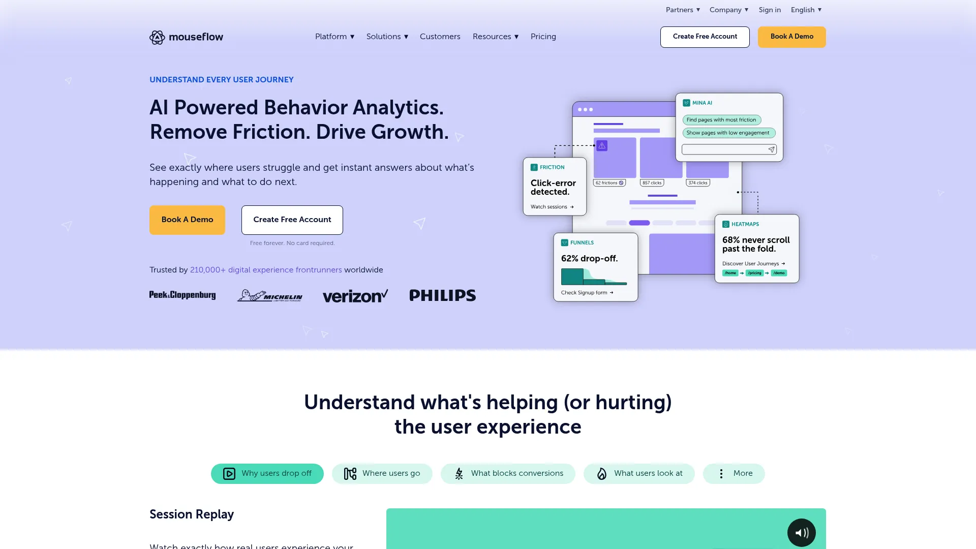 Mouseflow website behavior analytics and session replay dashboard
