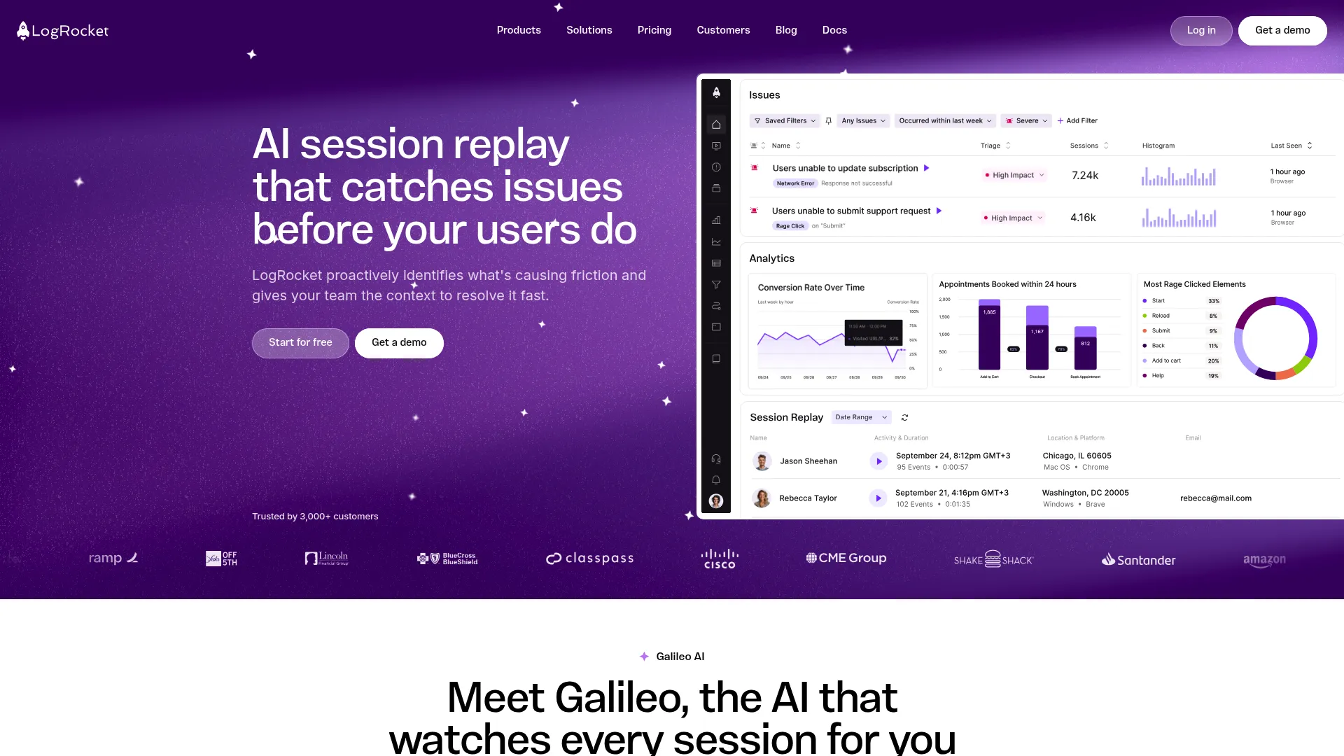 LogRocket session replay and error monitoring interface