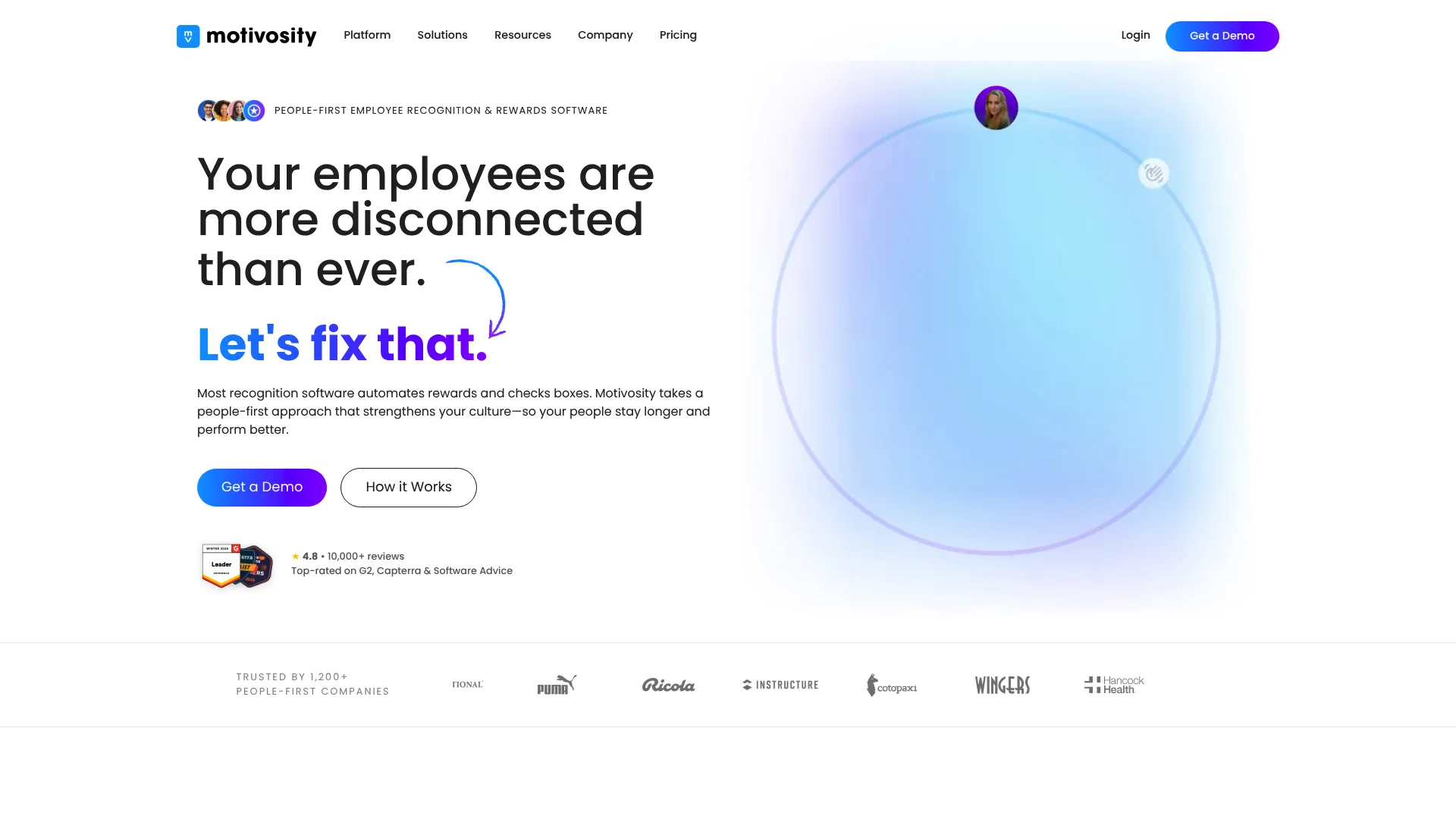 Motivosity peer recognition and culture platform homepage