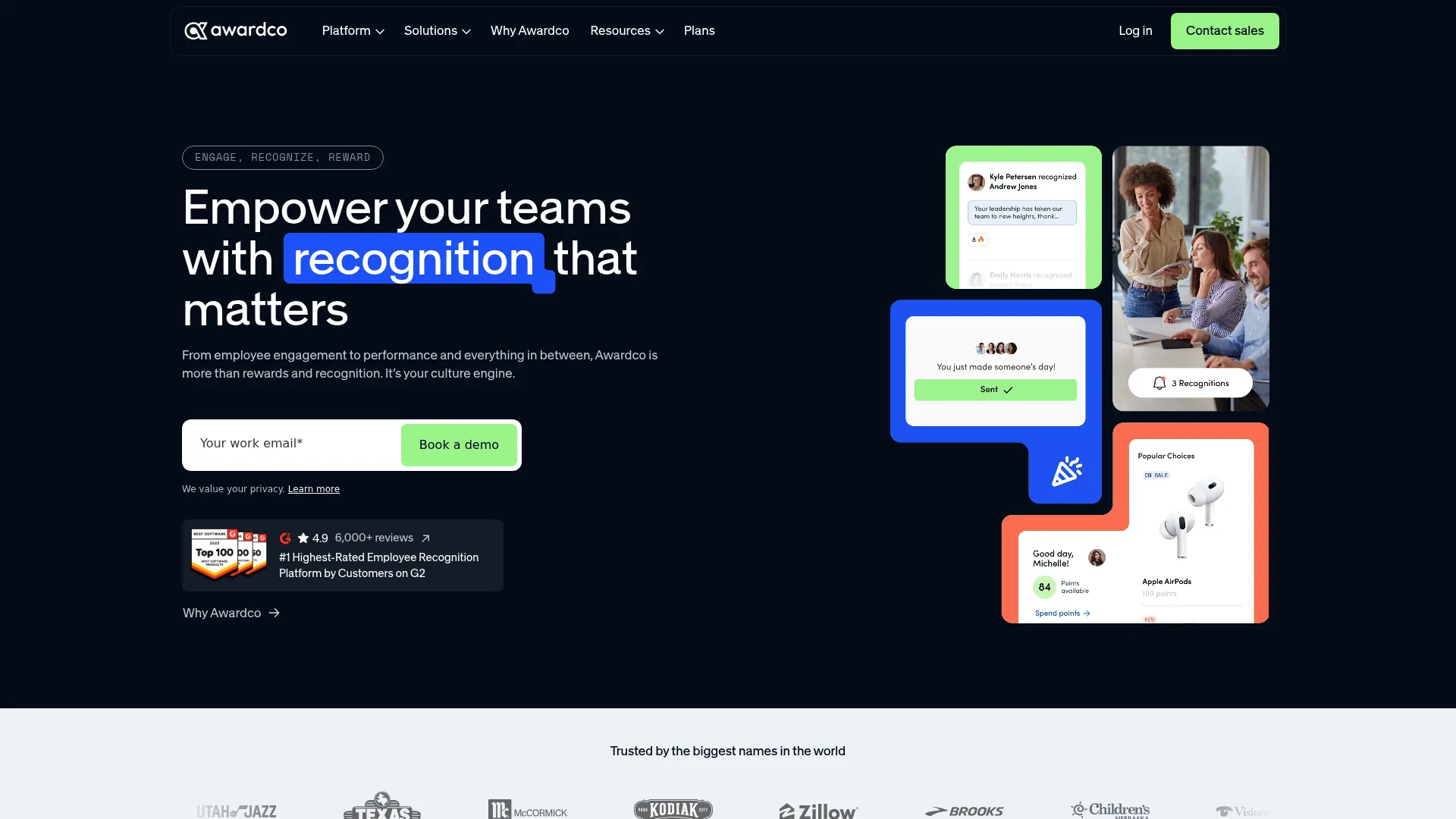 Awardco recognition and rewards platform homepage