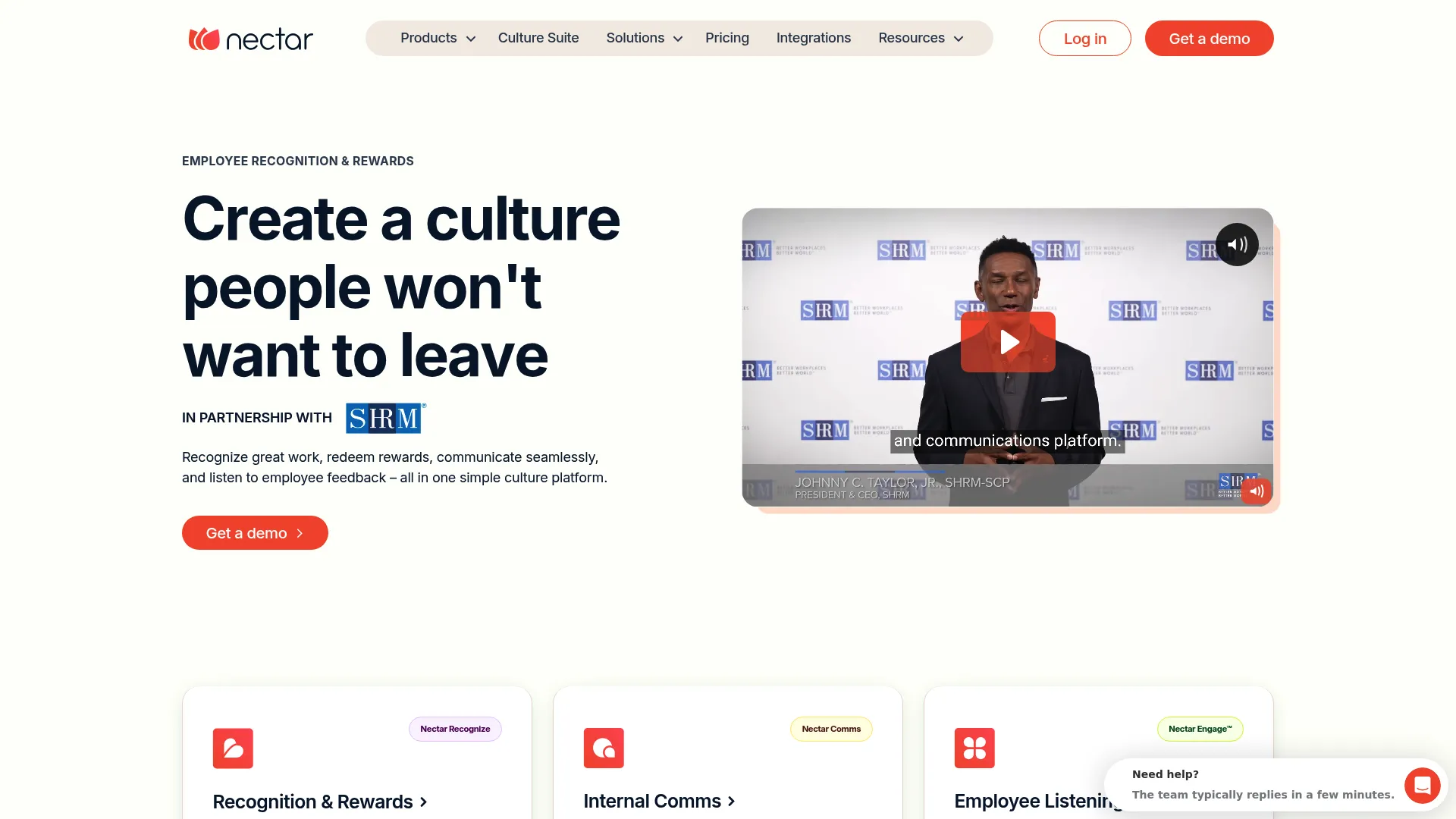 Nectar recognition, rewards, and internal communications platform homepage