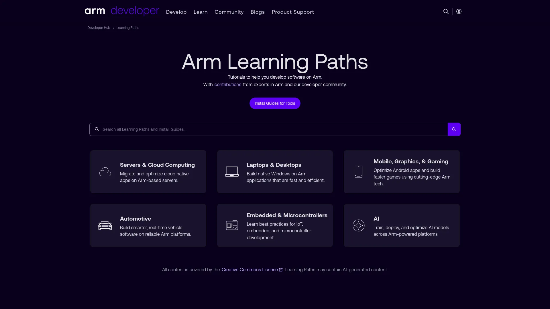 Arm Learning Paths developer tutorial hub