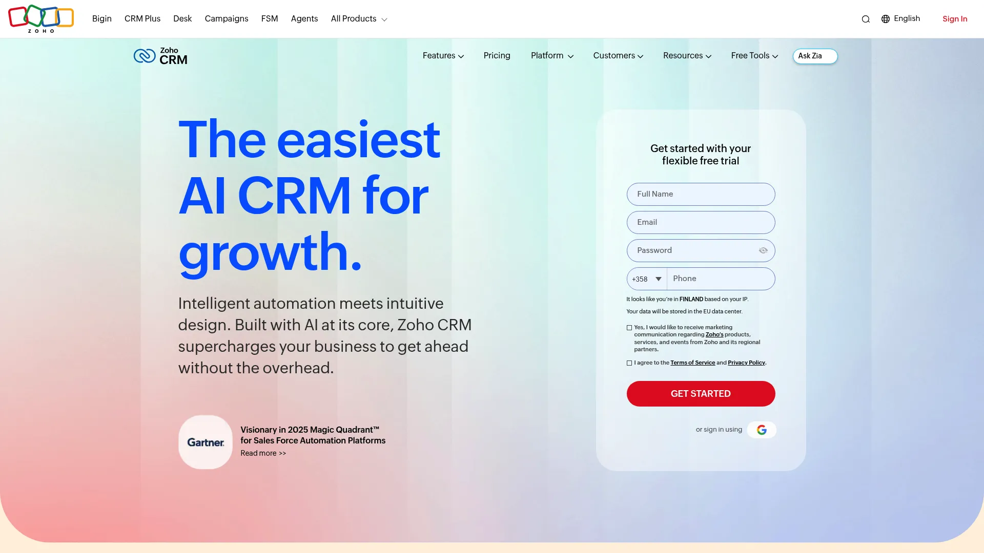 Zoho CRM guided selling and pipeline interface