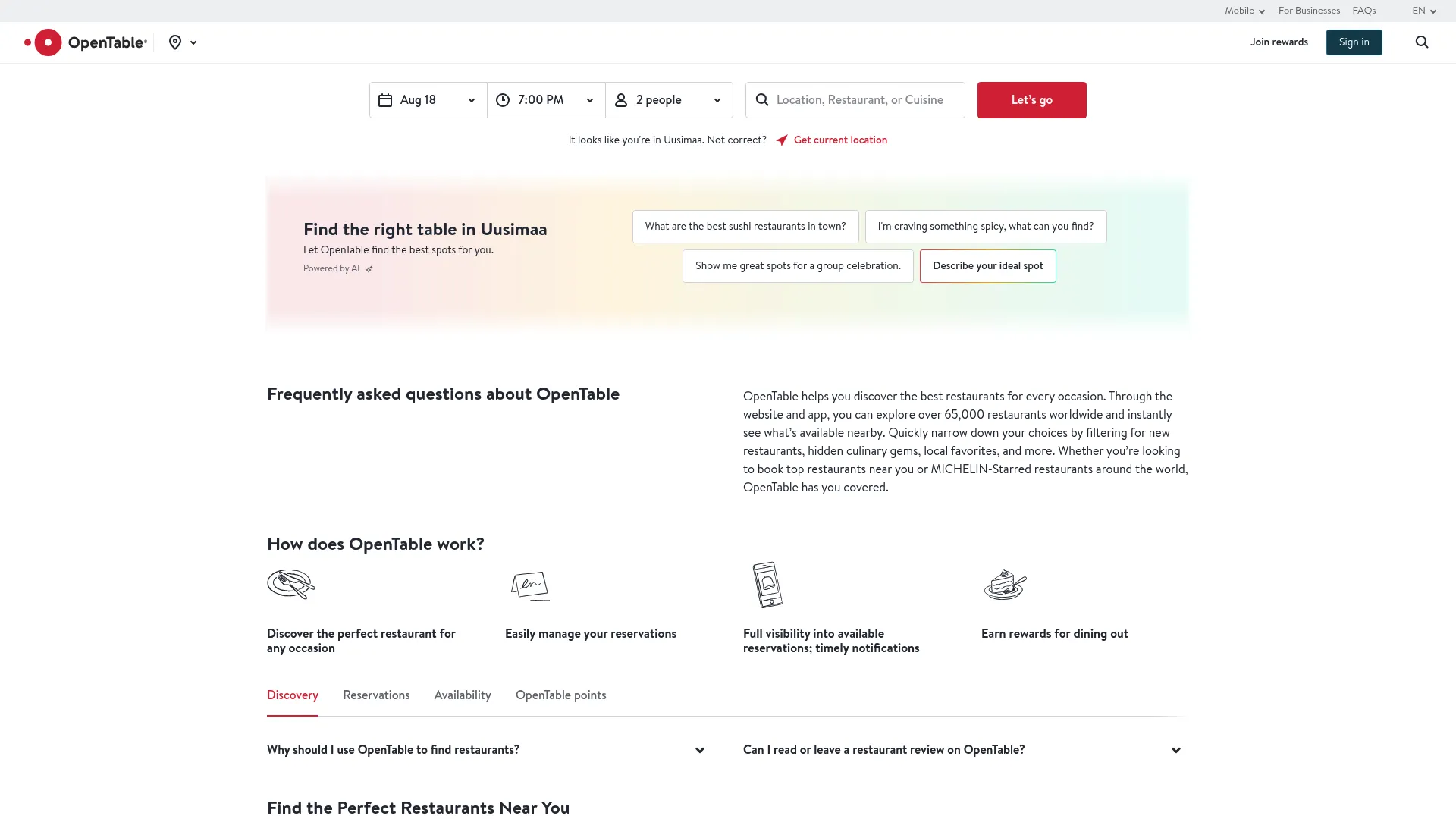 OpenTable restaurant reservations and discovery homepage