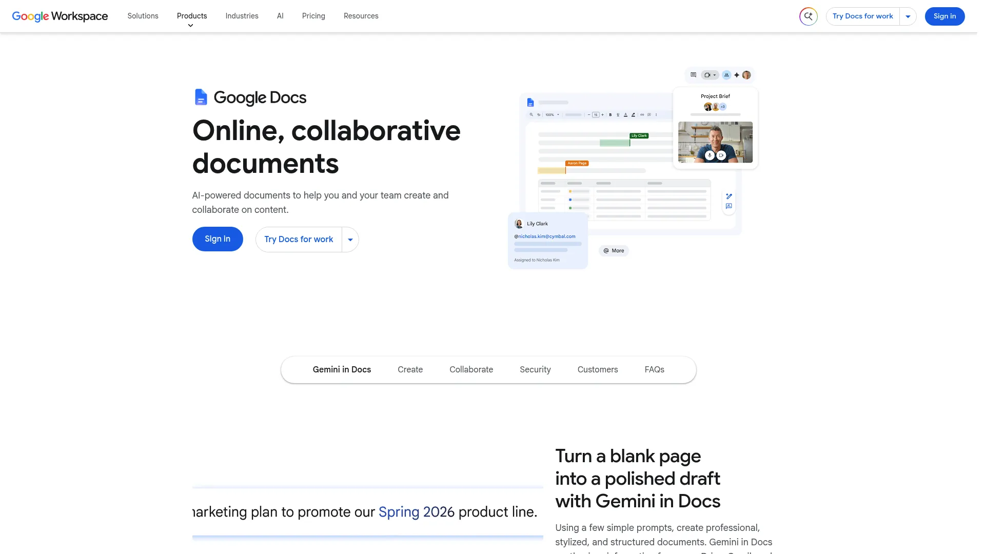 Google Docs product page