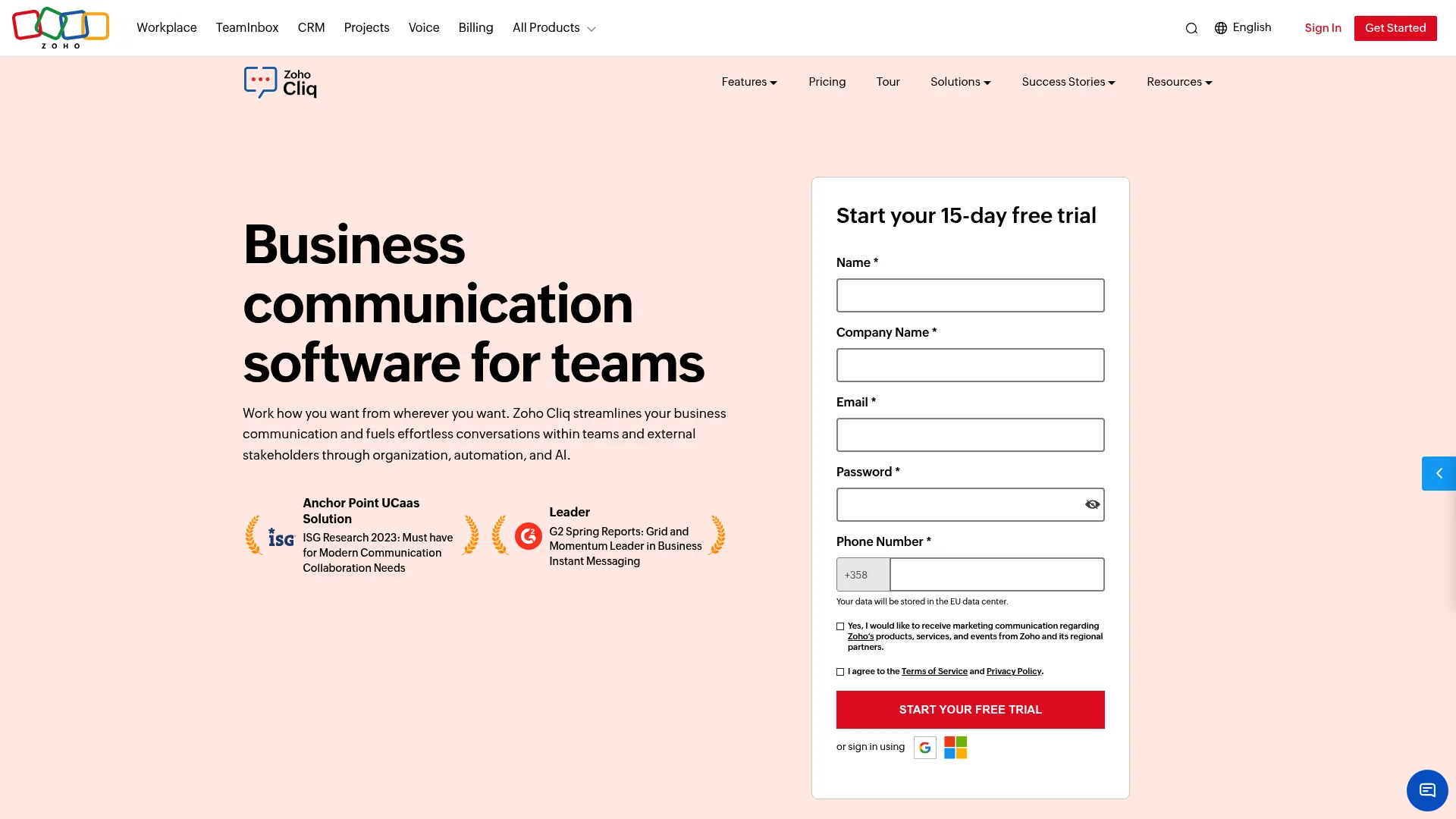 Zoho Cliq business messaging interface