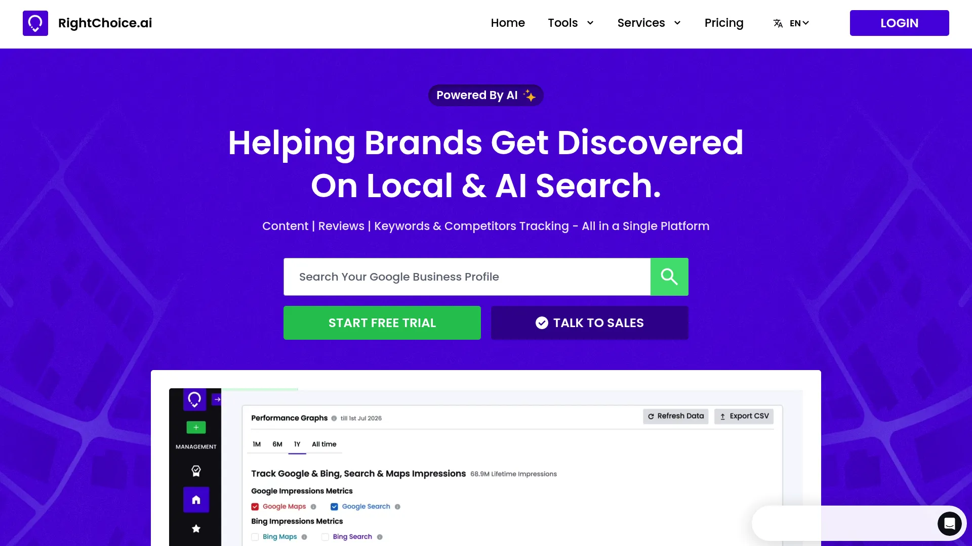 RightChoice.ai local SEO and listing management dashboard