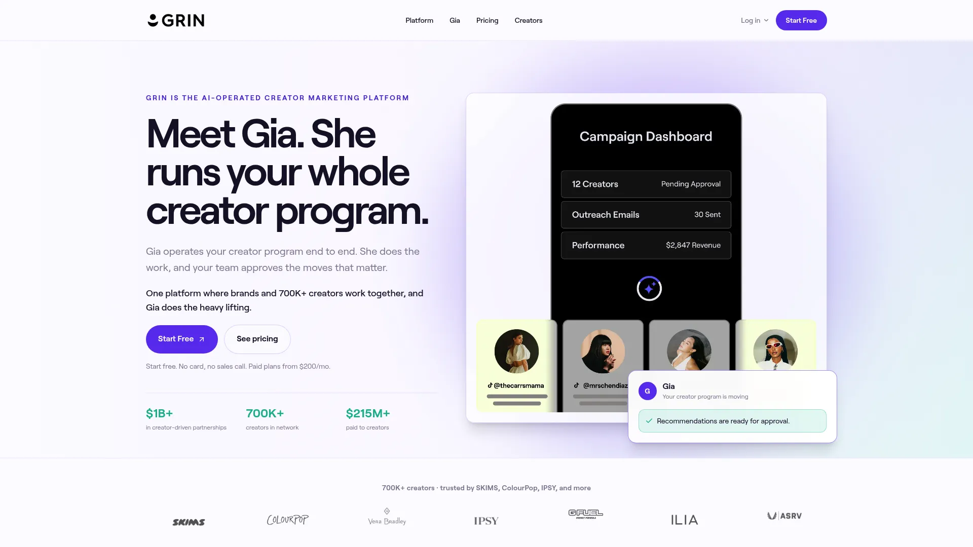 GRIN creator management platform homepage