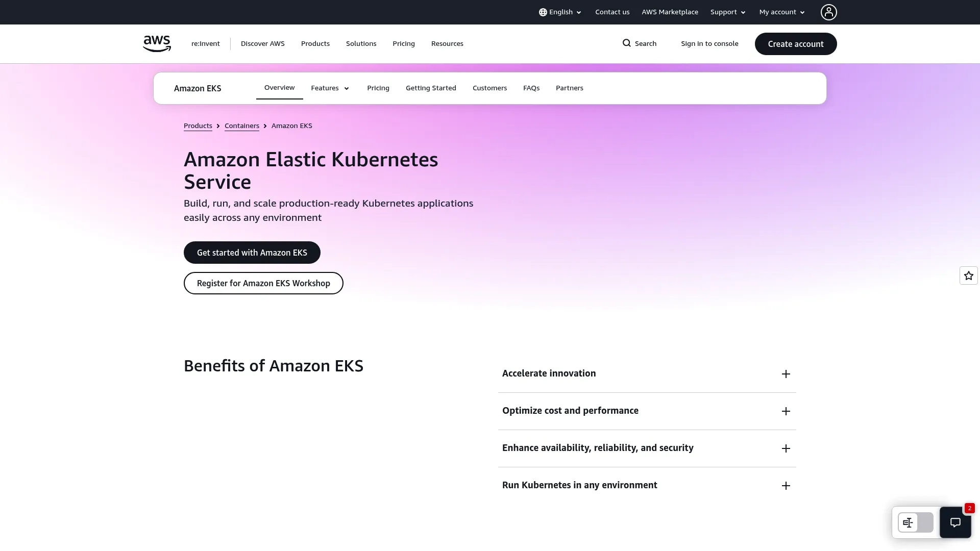 Amazon EKS managed Kubernetes service page