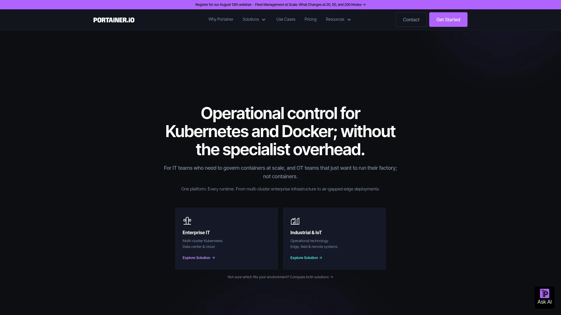 Portainer container management UI platform page