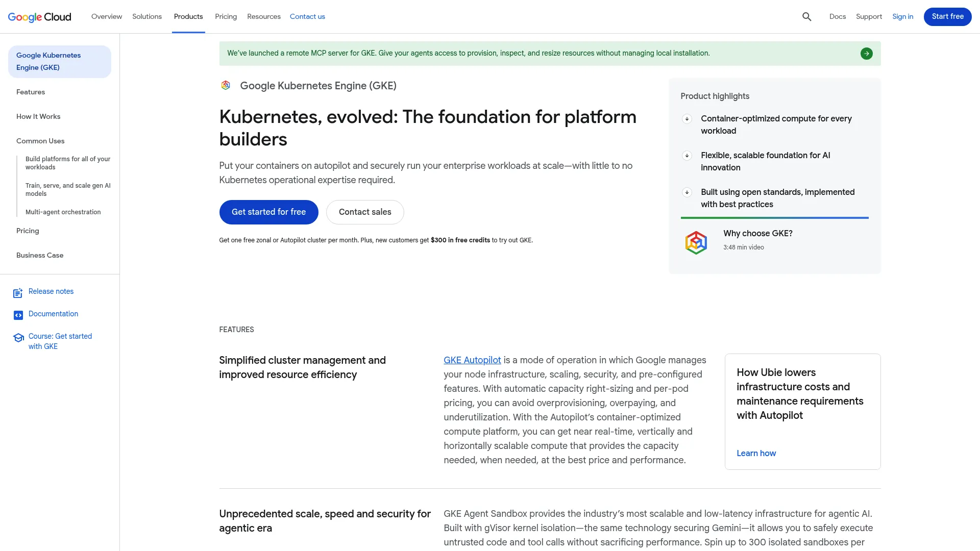 Google Kubernetes Engine managed service page