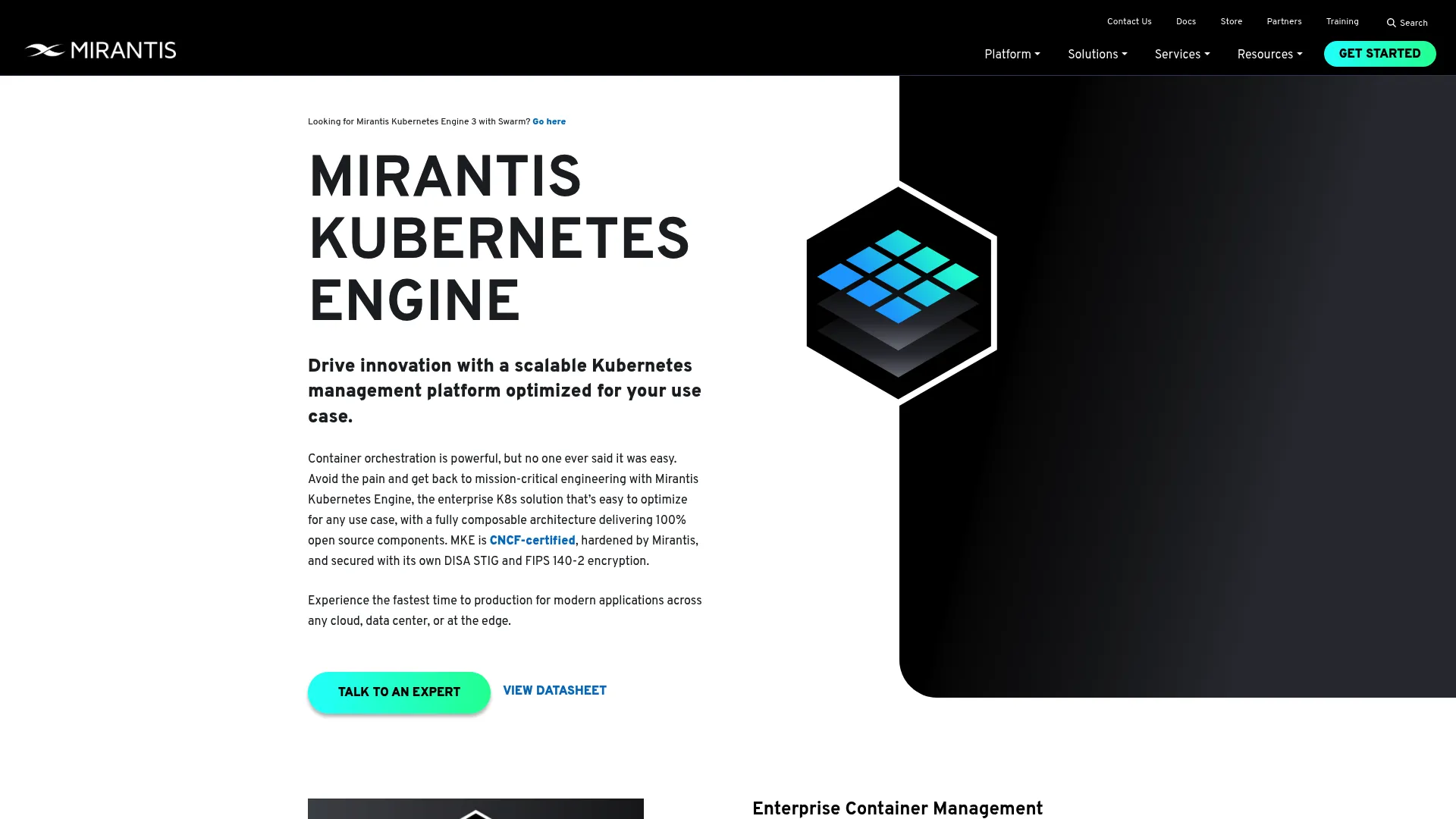 Mirantis Kubernetes Engine enterprise platform page