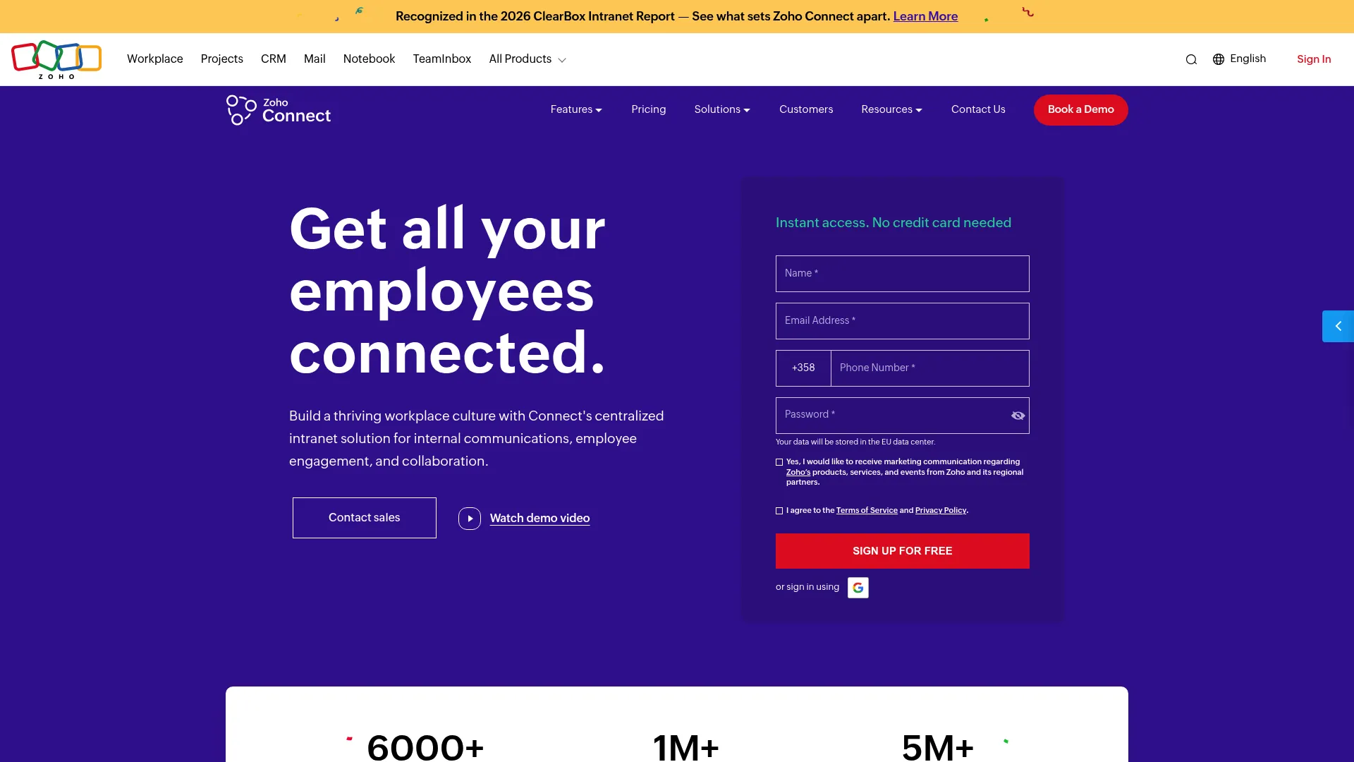 Zoho Connect internal collaboration and intranet platform homepage