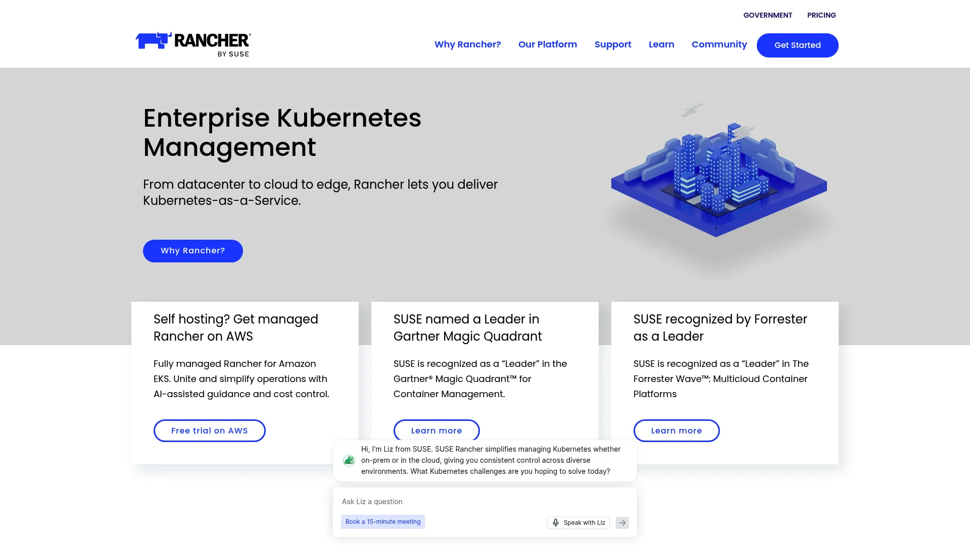 Rancher enterprise Kubernetes management platform homepage
