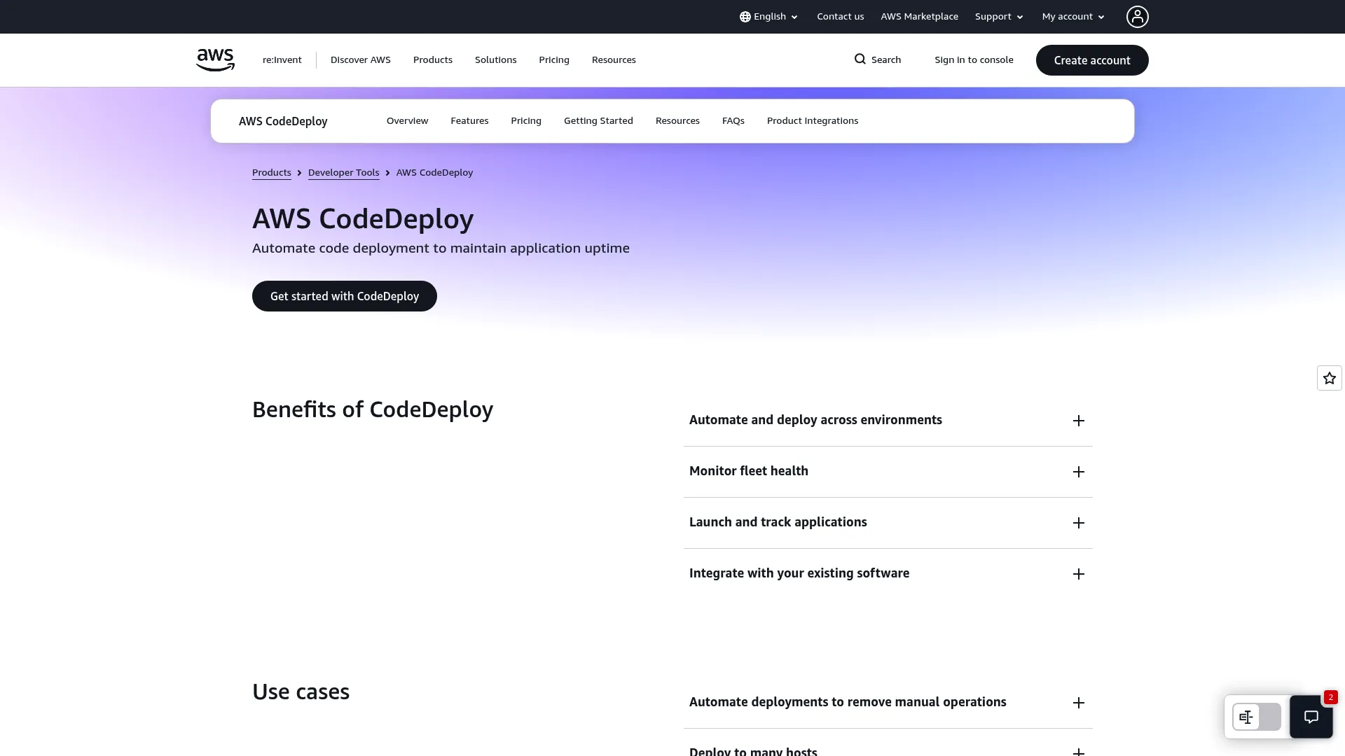 AWS CodeDeploy product page showing automated deployment features