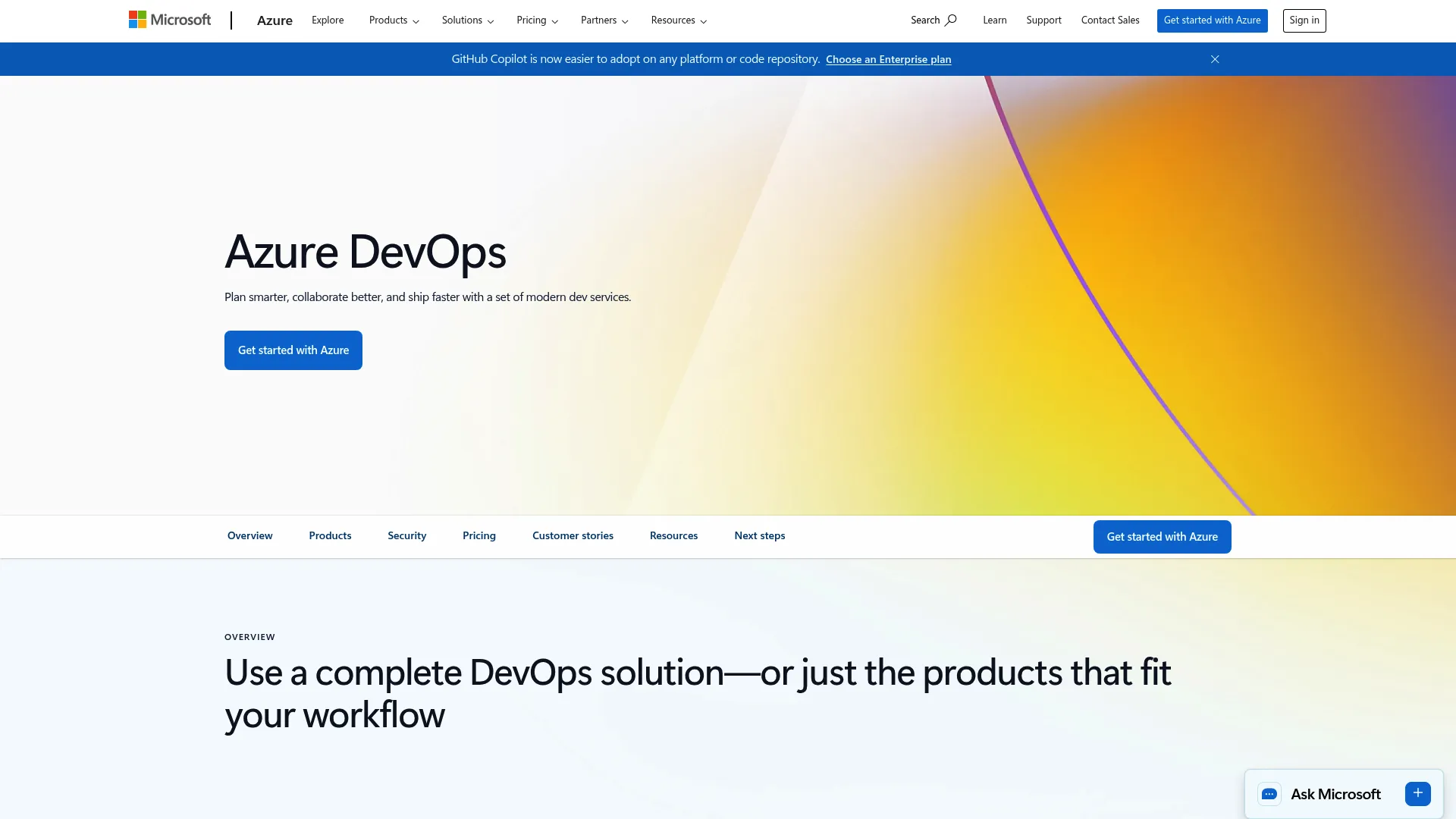 Azure DevOps product page showing boards, repos, and pipelines