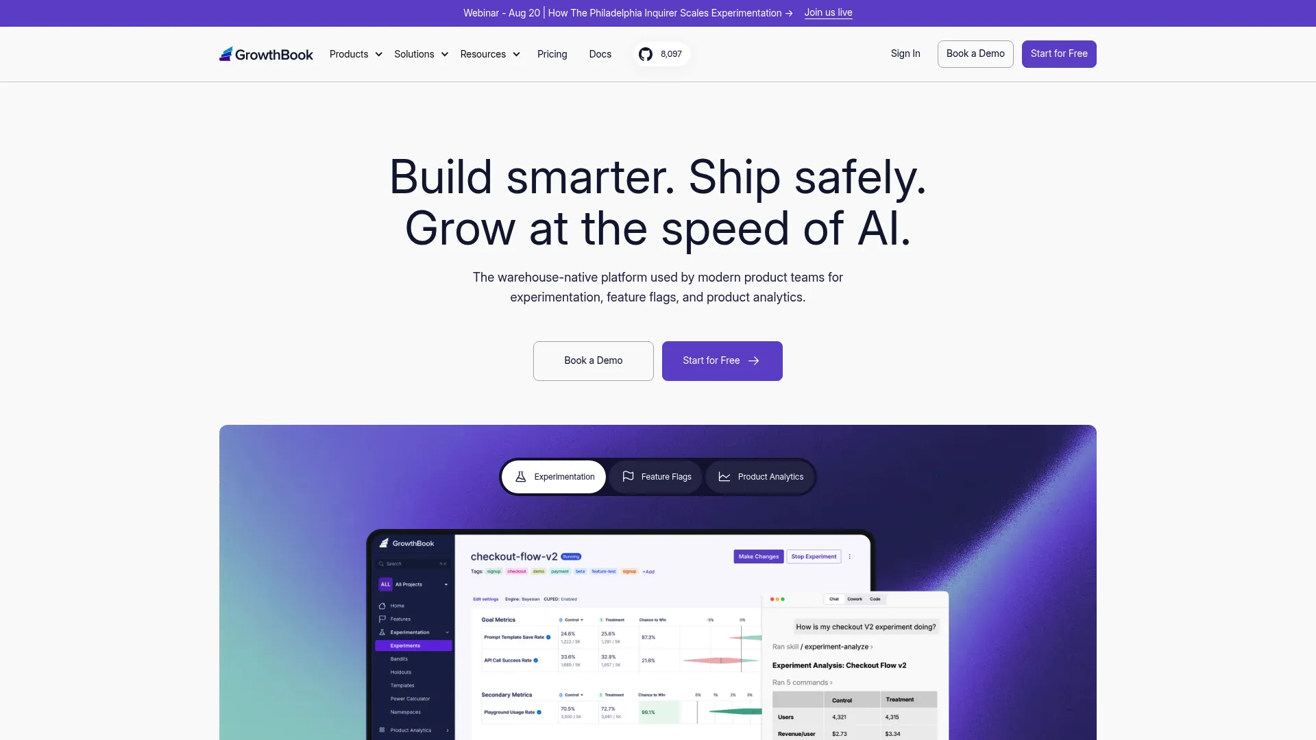 GrowthBook warehouse-native feature flag and experimentation platform homepage