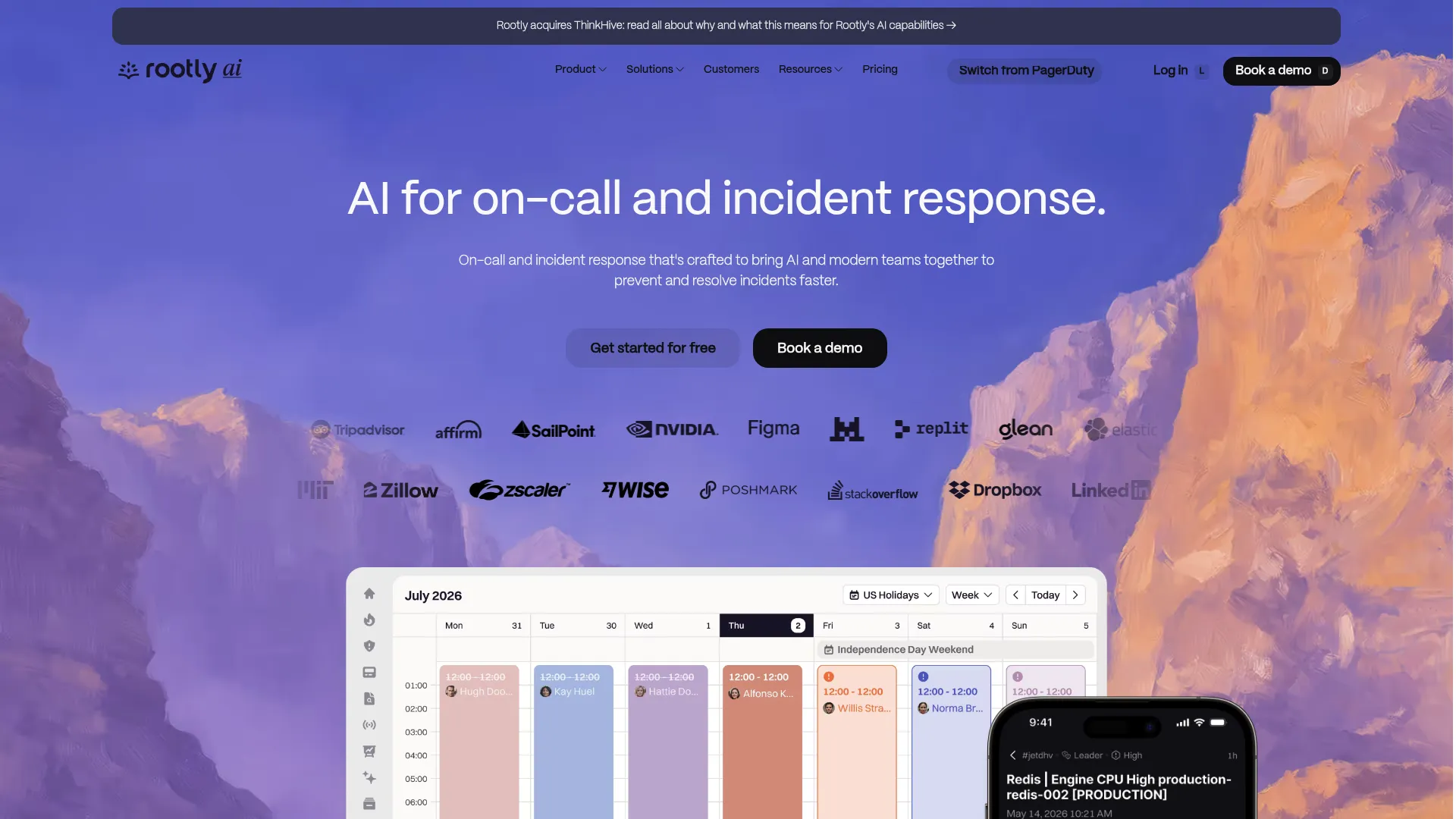Rootly AI-native incident response and on-call platform homepage